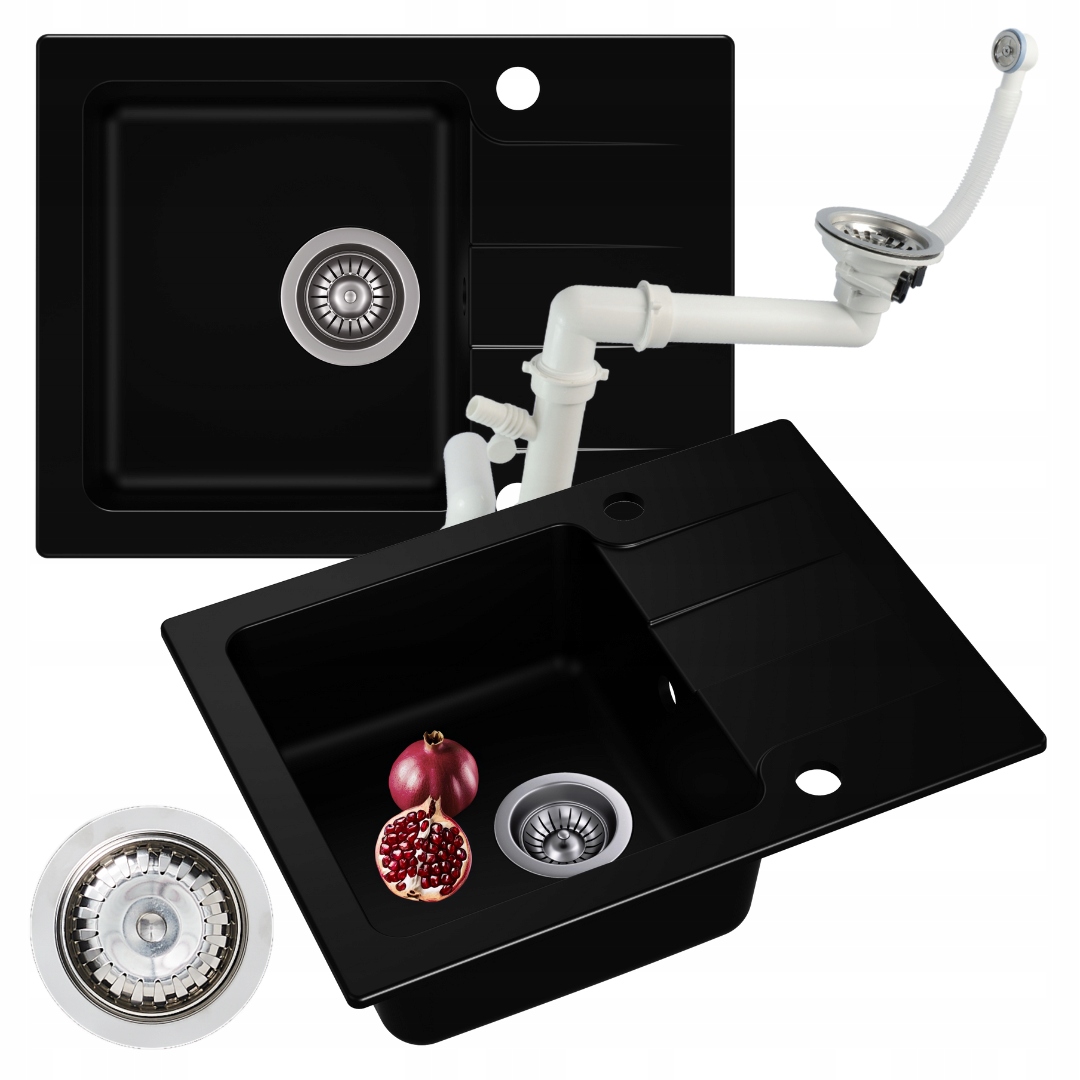 Granitový dřez Černý jednokomorový Do Skříňky 50 V Sadě Sifon