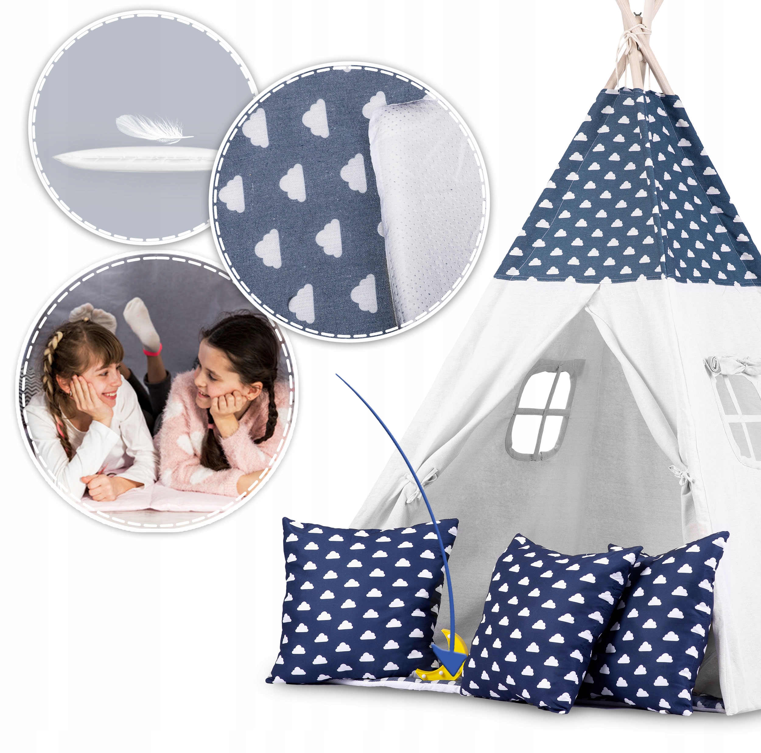 TIPI namiot wigwam dla dzieci Girlanda Poduszki + lampka LED RicoKids Kolor odcienie niebieskiego
