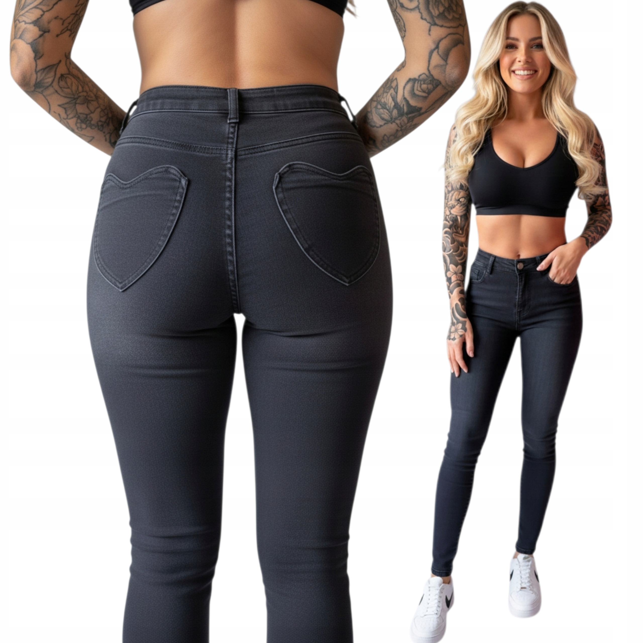 Spodnie jeansy damskie z sercem czarne skinny rurki r. L \ 40