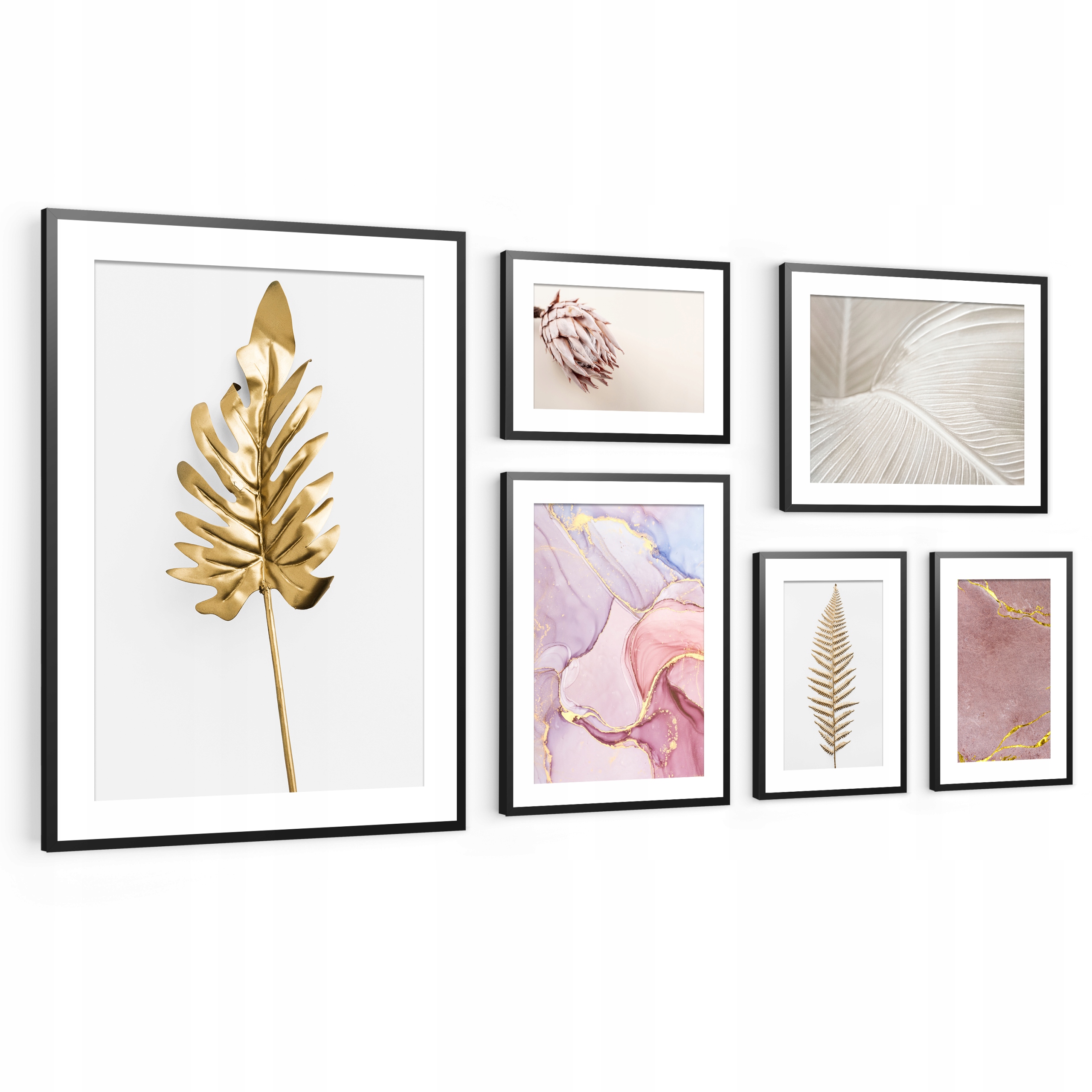Komplet Obrazov Sada 6ks Plagáty v ráme Zlato Ružová do obývačky