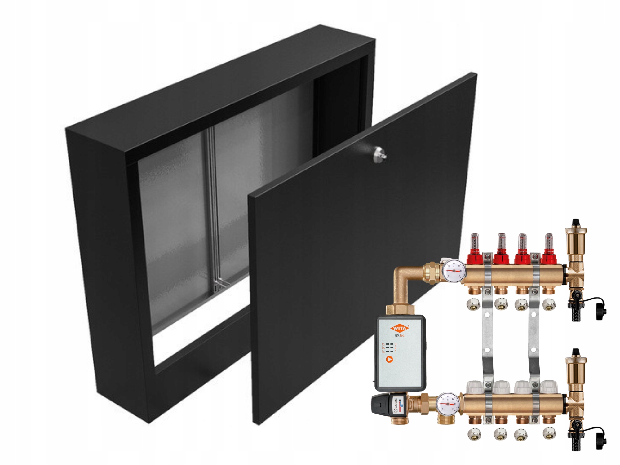 Mosazný Rozdělovač Podlahovky 4+ČERPADLO Vítá+nástěnná Skříňka Černá+pex