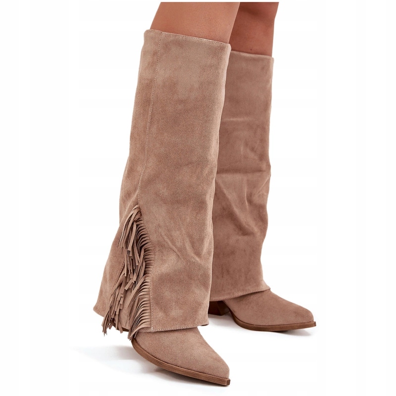 Kozačky Kovbojské Boty Dámské Eko Semiš Třásně Nazouvací Sloupek Béžové 41