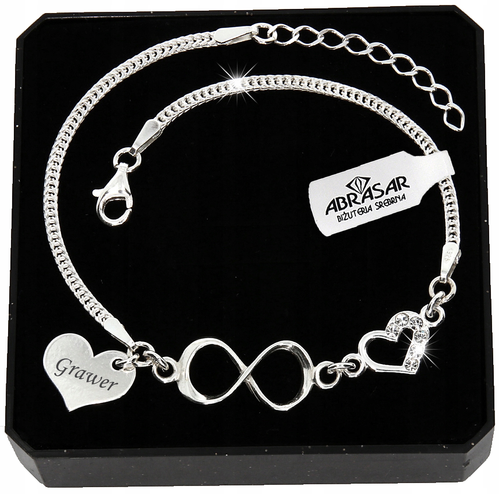 

Srebrna Bransoletka 925 Infinity Serce Grawer