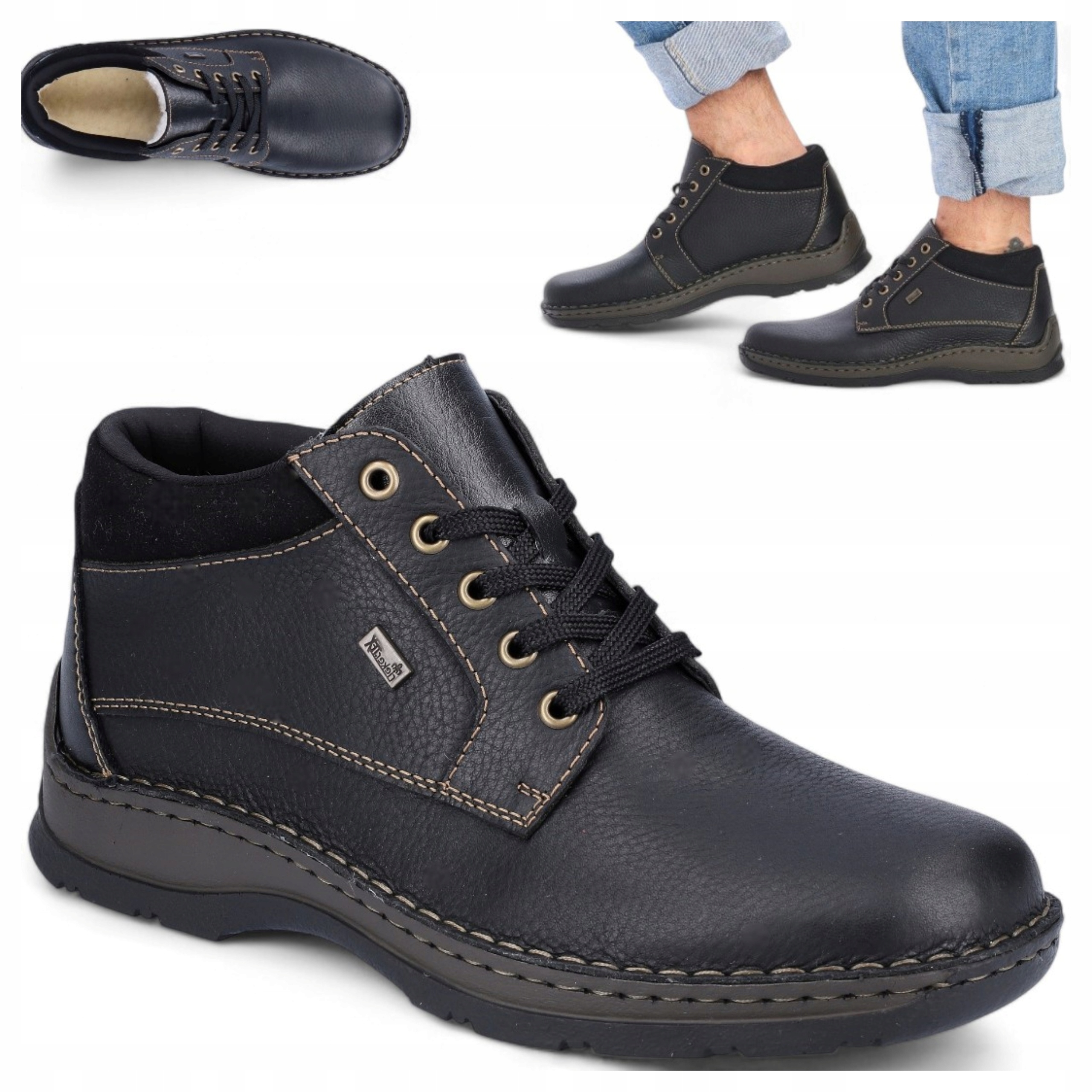 Rieker Pánské kožené boty 41 Zimní Kotníkové Boty Šněrovací, zateplené, široké