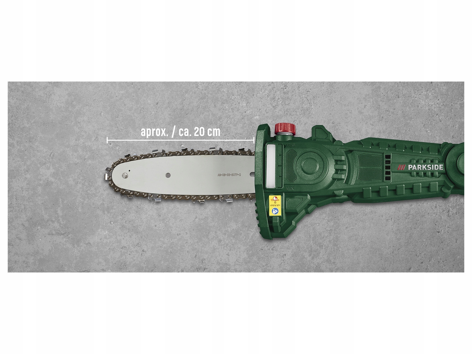 Pilarka Piła Podkrzesywarka akumulatorowa 20V Parkside PAHE 20-Li D4 Prędkość łańcucha 5 m/s