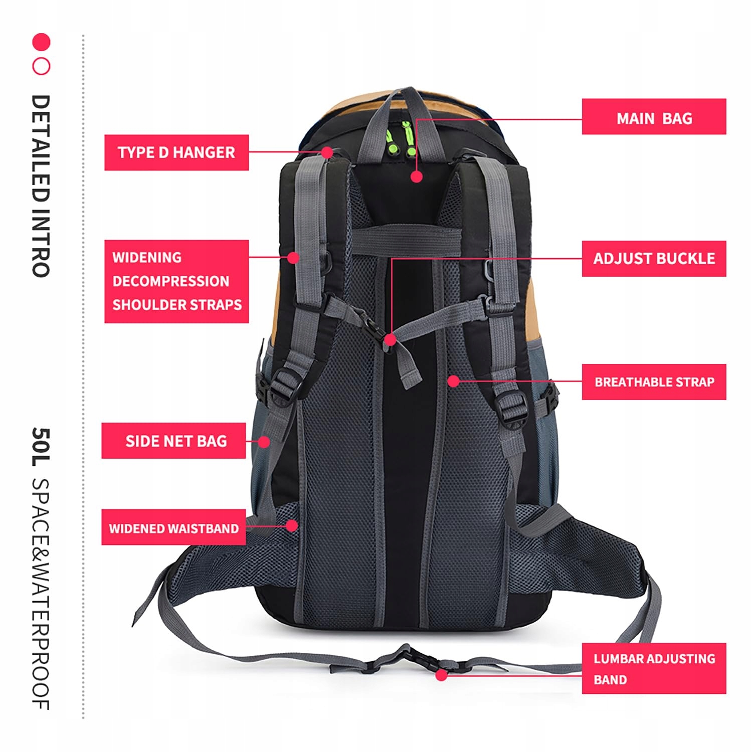 Bseash 50L Lekki Wodoodporny Plecak Turystyczny, Outdoor GOLD — miniatura 7
