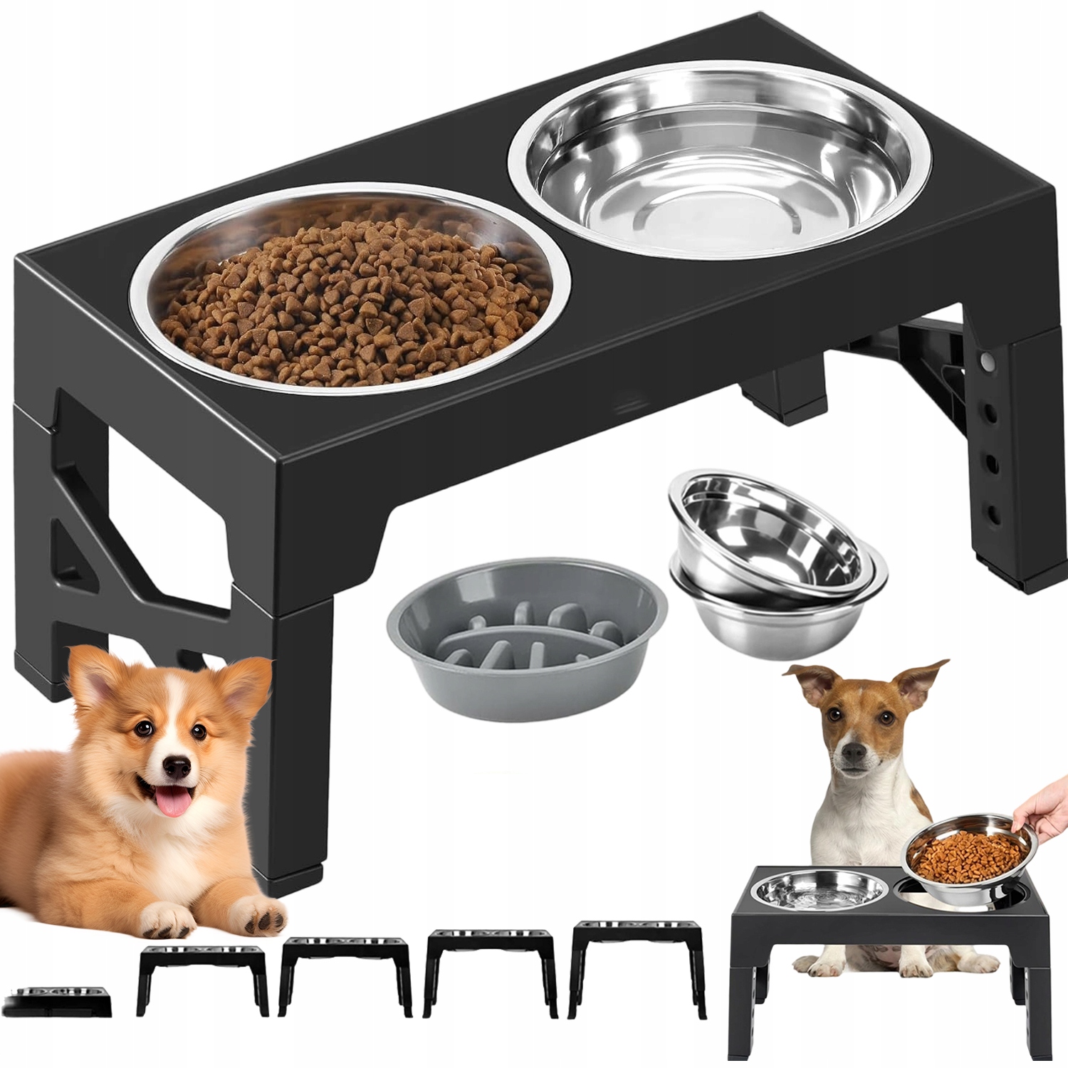 Levně Dvojitá Miska Misky Pro Psy, Nepostříkavá, Zpomalující, Nastavitelná Výška