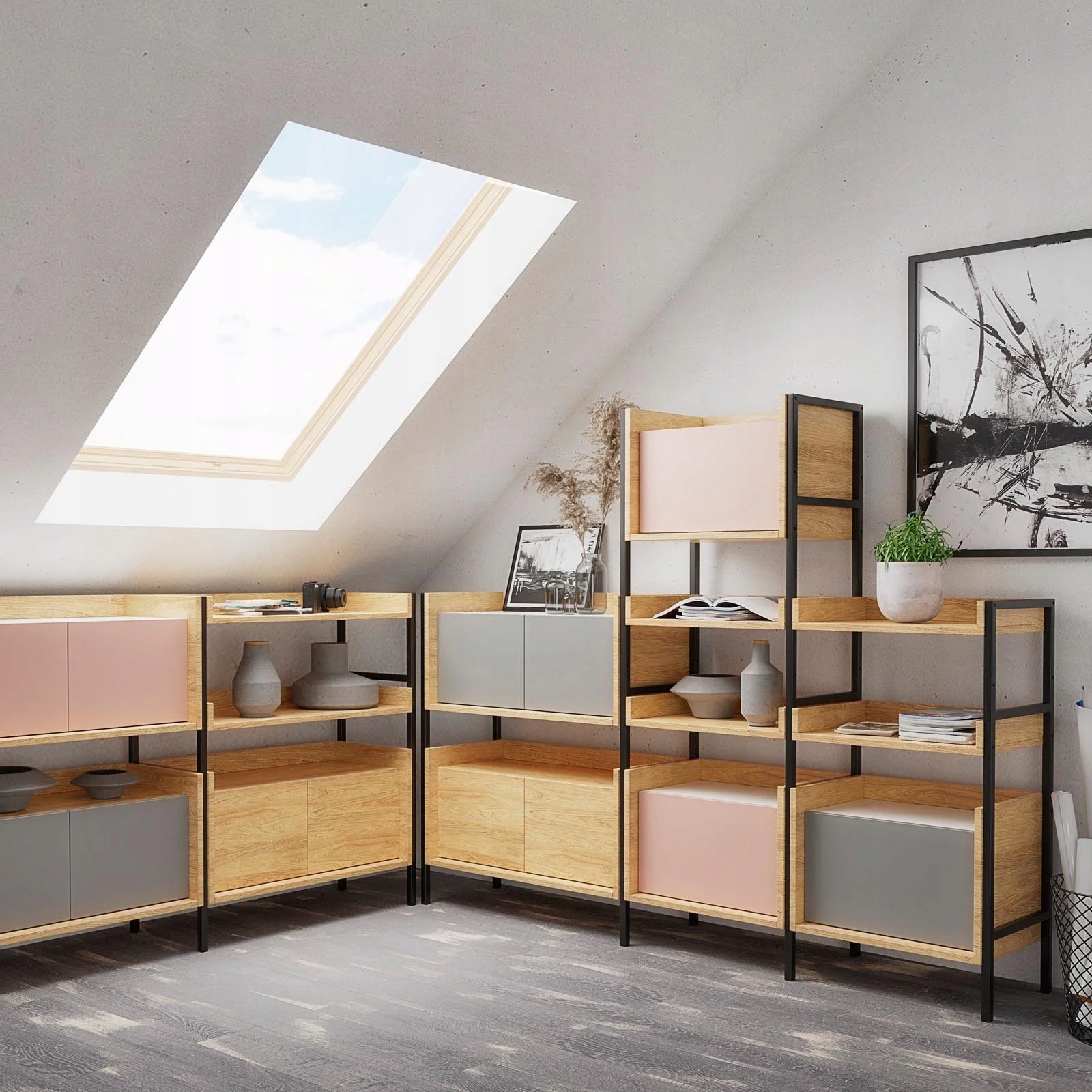 MOBIUS NIEBIESKA SZAFKA NISKA 1D Meble Modułowe Kolor czereśnia