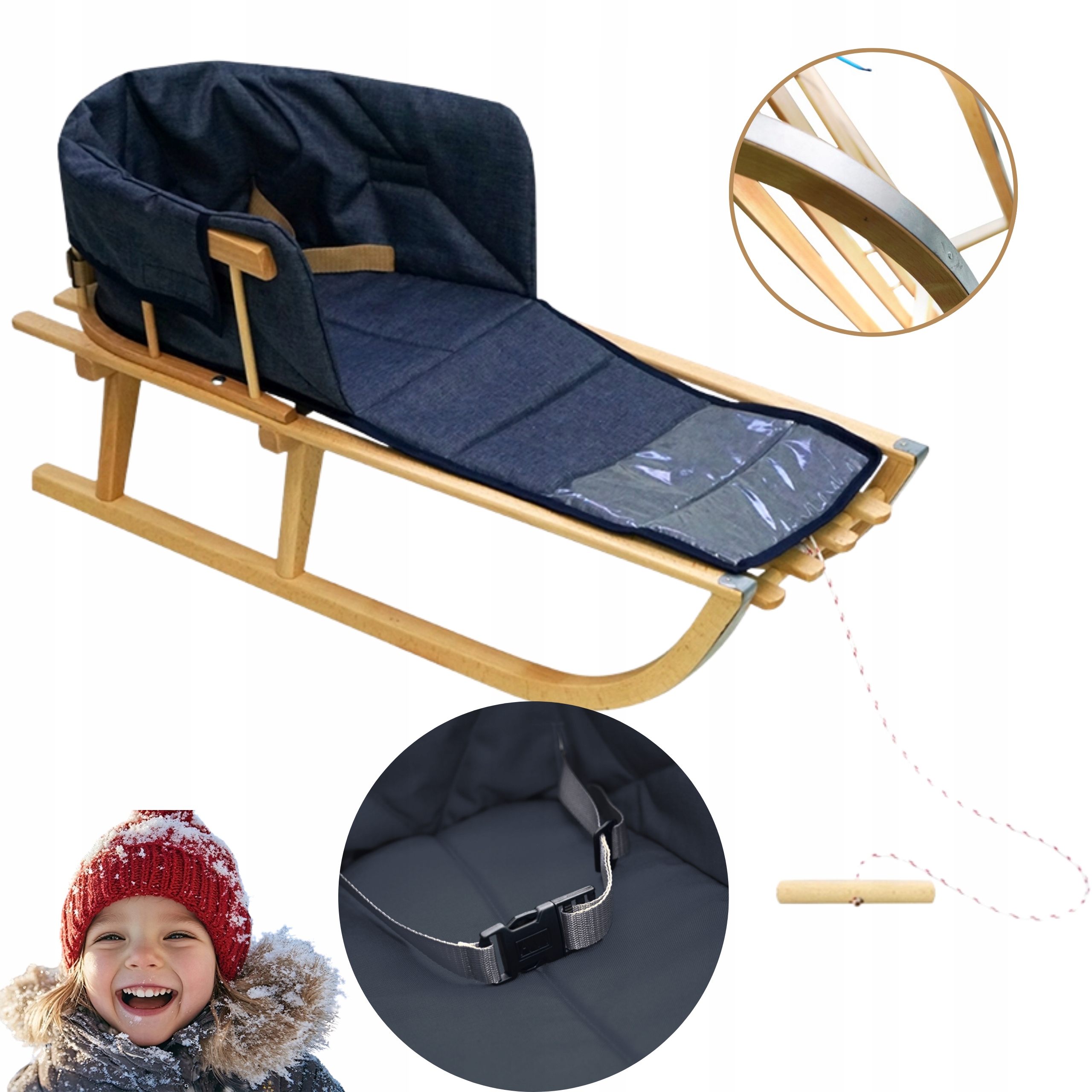 Sanki drewniane z oparciem materacyk dla dziecka Polskie Classic