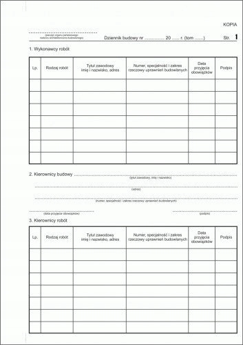 DRUK DZIENNIK BUDOWY ROZBIÓRKI MONTAŻU A4 60 kart. 30 kpl. samokopia A4 Liczba odcinków 60