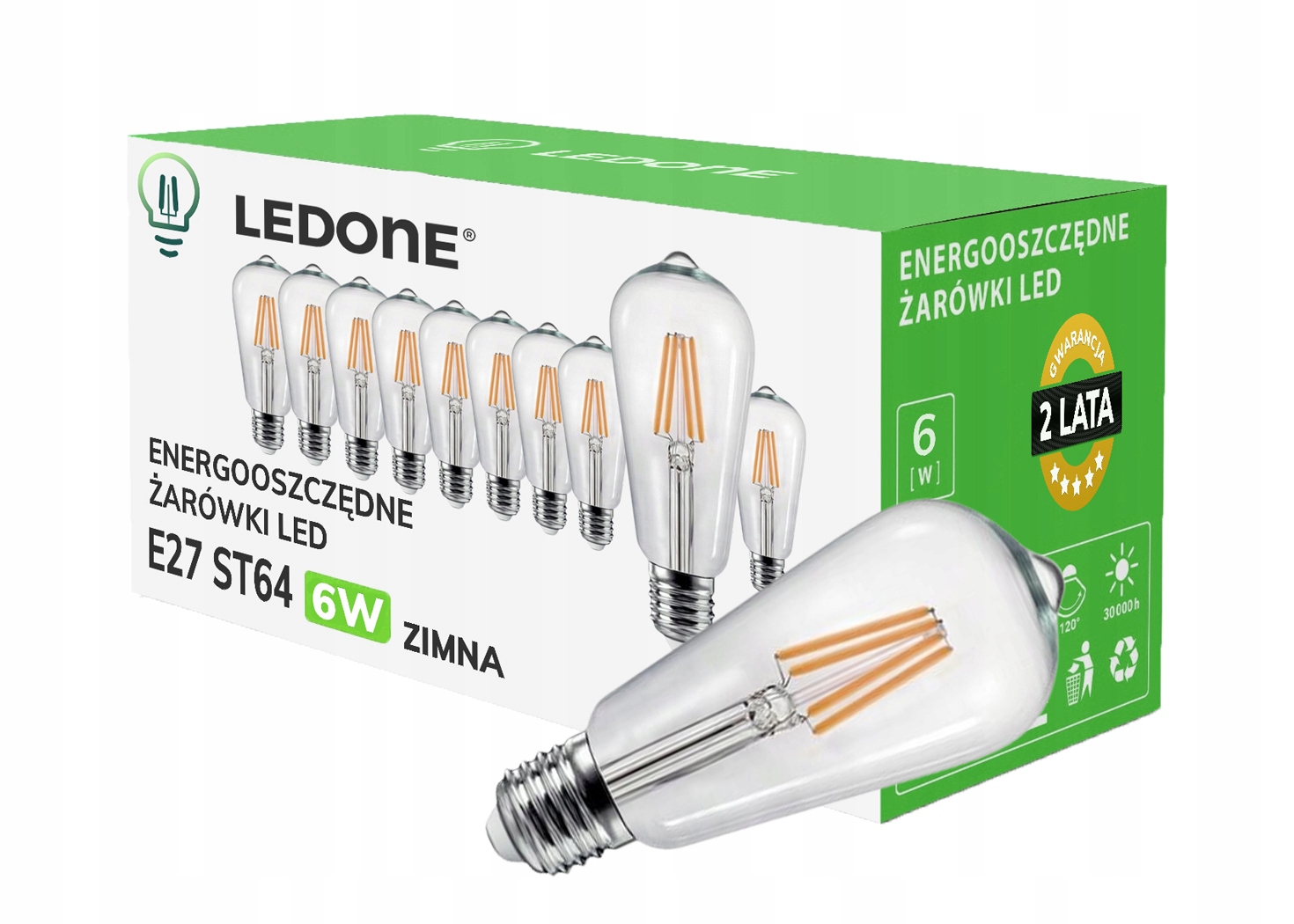 10x Led filamentová žárovka E27 ST64 6W bílá Studená retro Clear Led sada