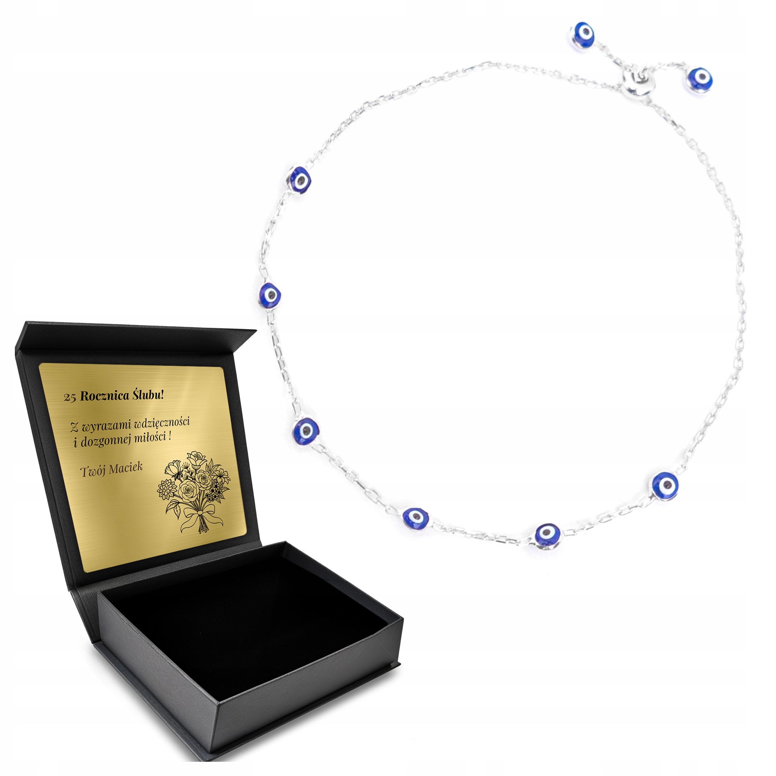 Stříbrný náramek Turecké oko proroka Ochranný talisman s gravírováním Bonus