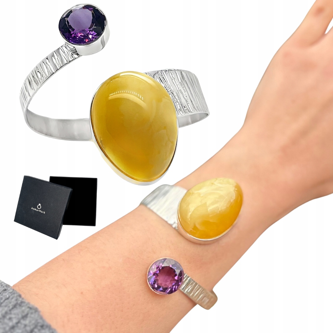 Stříbrný náramek s baltským jantarem a přírodním ametystem, velký Film