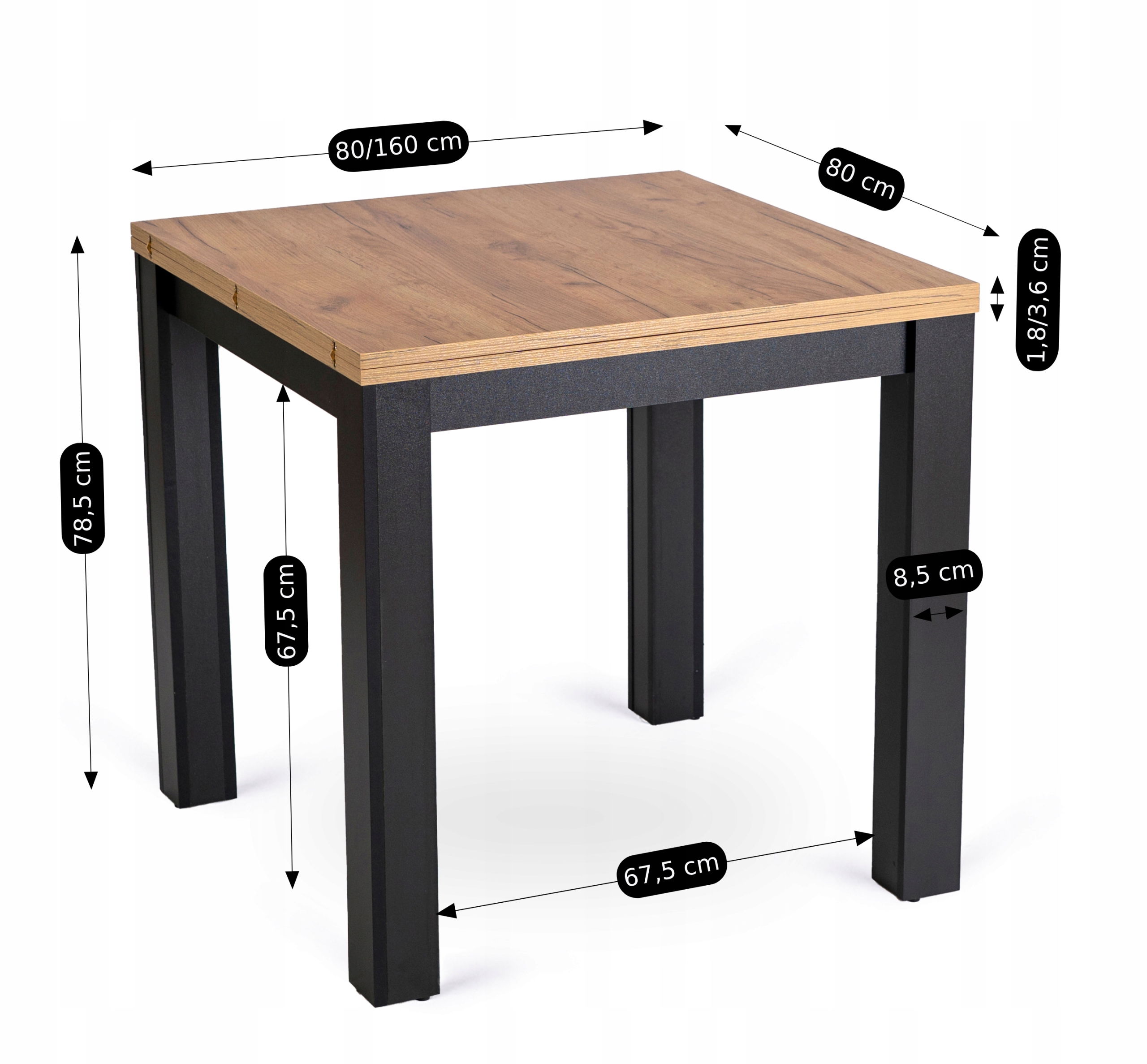 Stół Rozkładany Do Jadalni Salonu Mały Kwadratowy Czarny Craft MAX 80/160 Kolor blatu dąb craft
