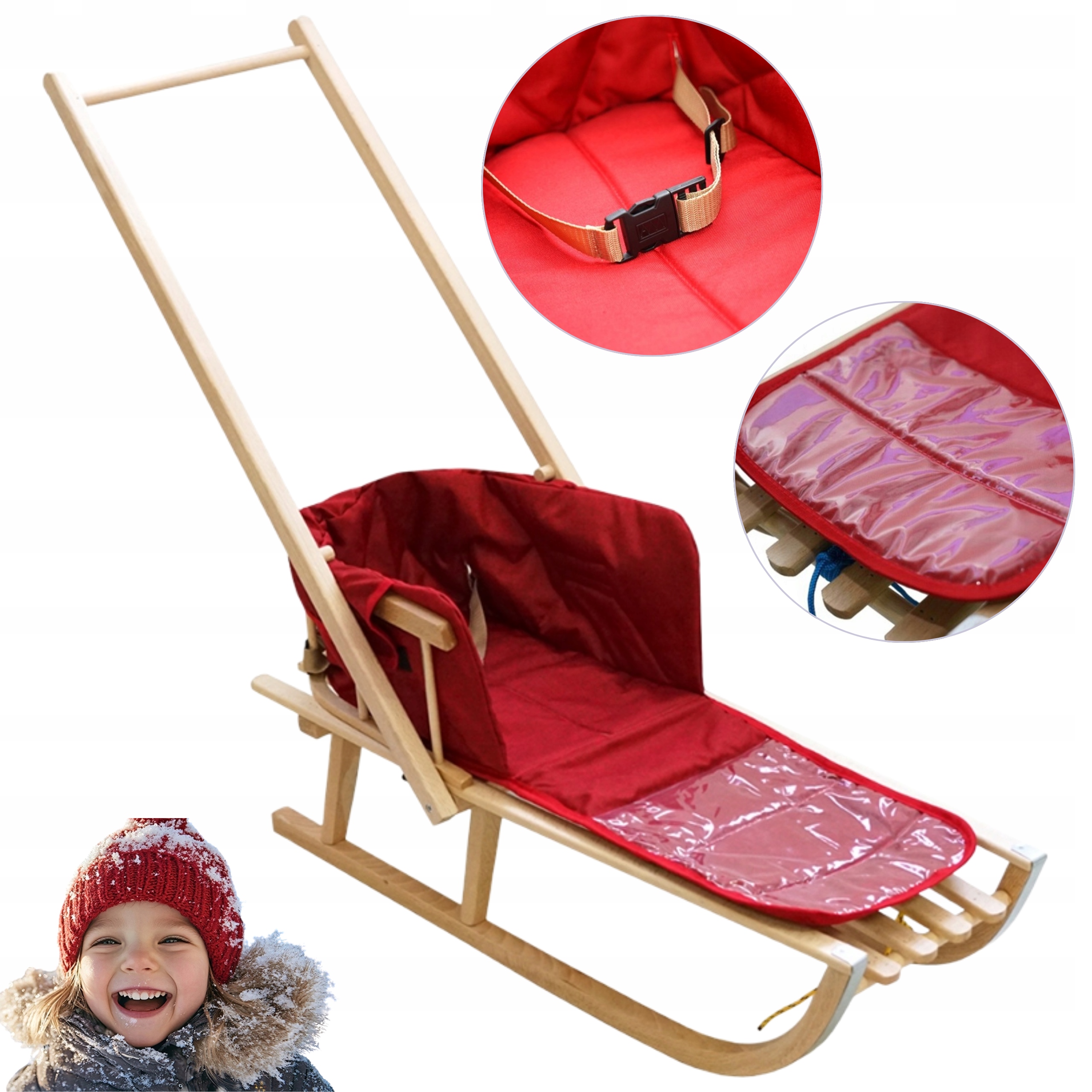 Sanki drewniane z oparciem i pchaczem dla dziecka Polskie Classic