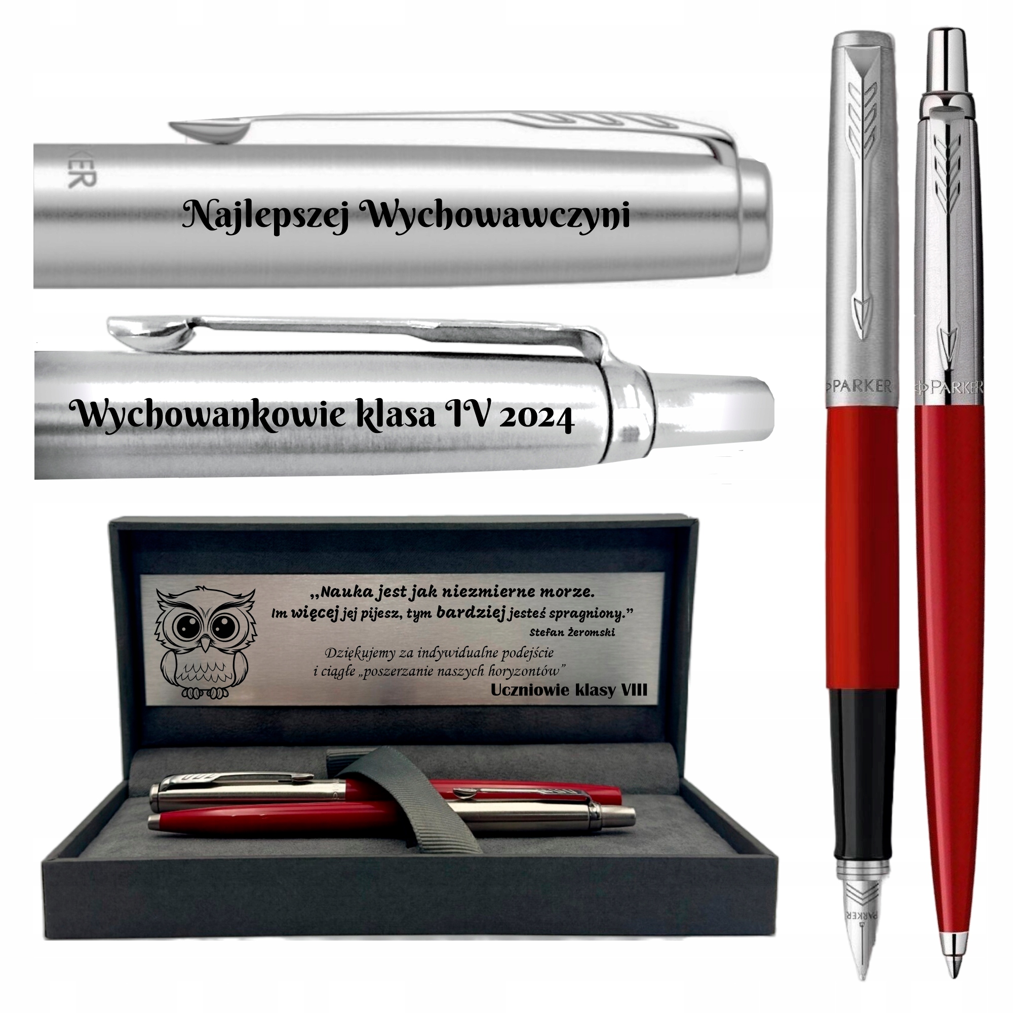 Zestaw długopis i pióro wieczne czerwone Parker Pudełko Grawer Prezent