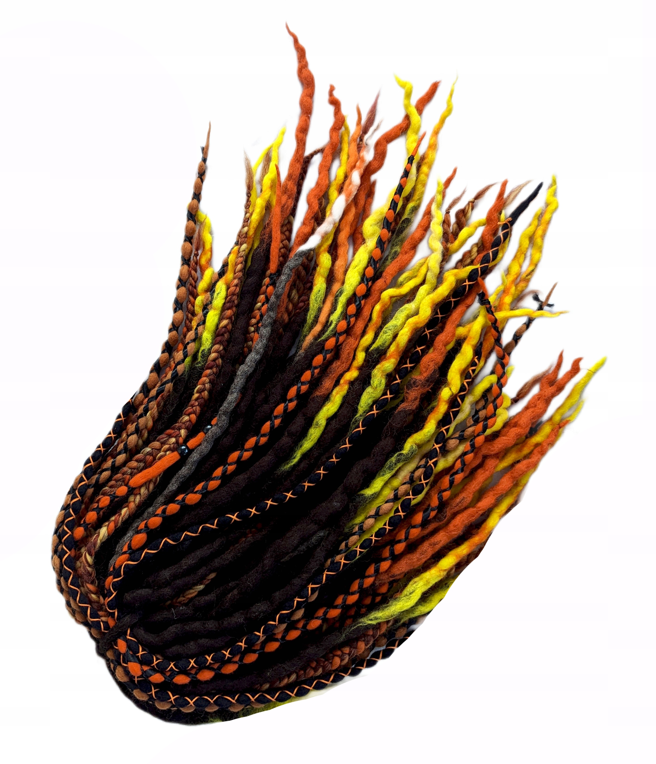 Dredloky Vlněné Dredy, hnědá oranžová žlutá barva, Podzimní Jiskra, 40 kusů