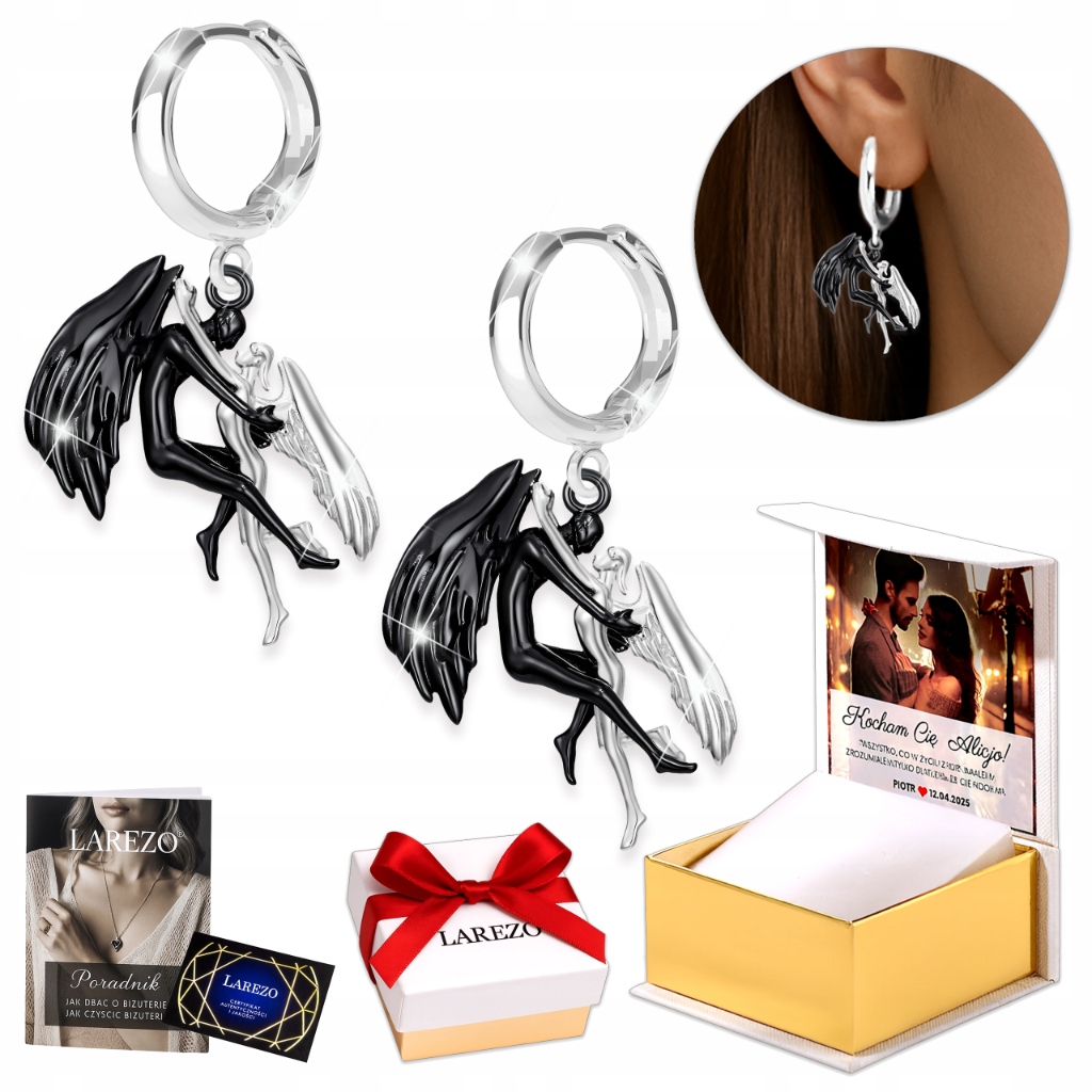 Stříbrné Náušnice 925 s anděly Černé Závěsné anděly Andělé Láska Amor