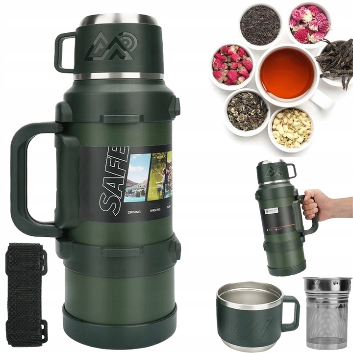 Termos 2000 ml Z Komorą Na Herbatę, Szczelny Do 24H,PAS Zielony Do Herbaty