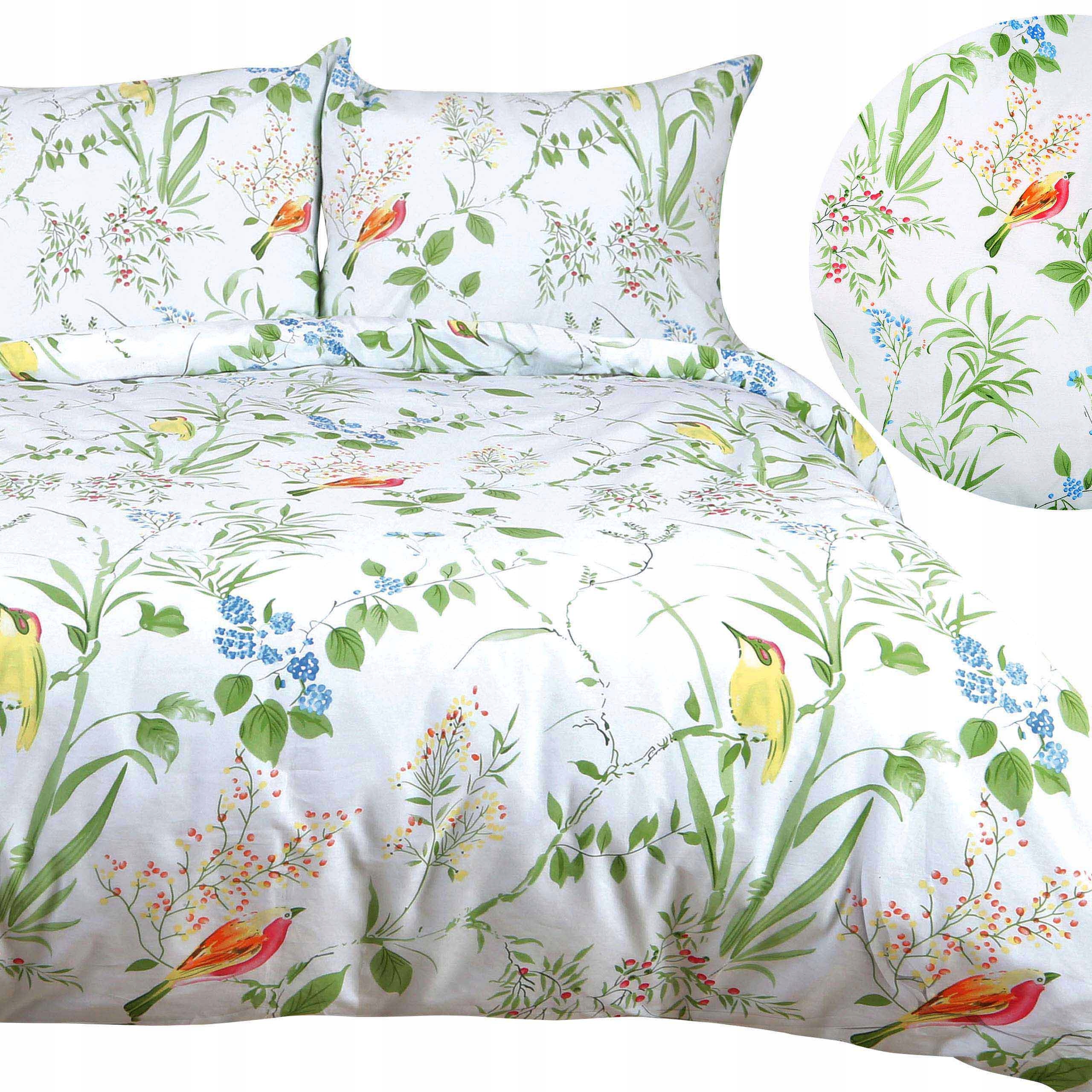 Pościel bawełniana 220x200 Cottonlove jasna w zielone liście kwiaty ptaki