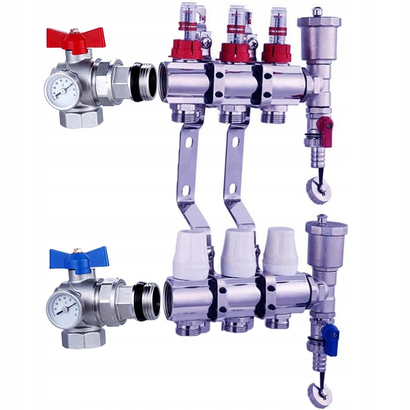 Rozdělovač podlahy, 3 okruhy úhlové ventily a teploměry