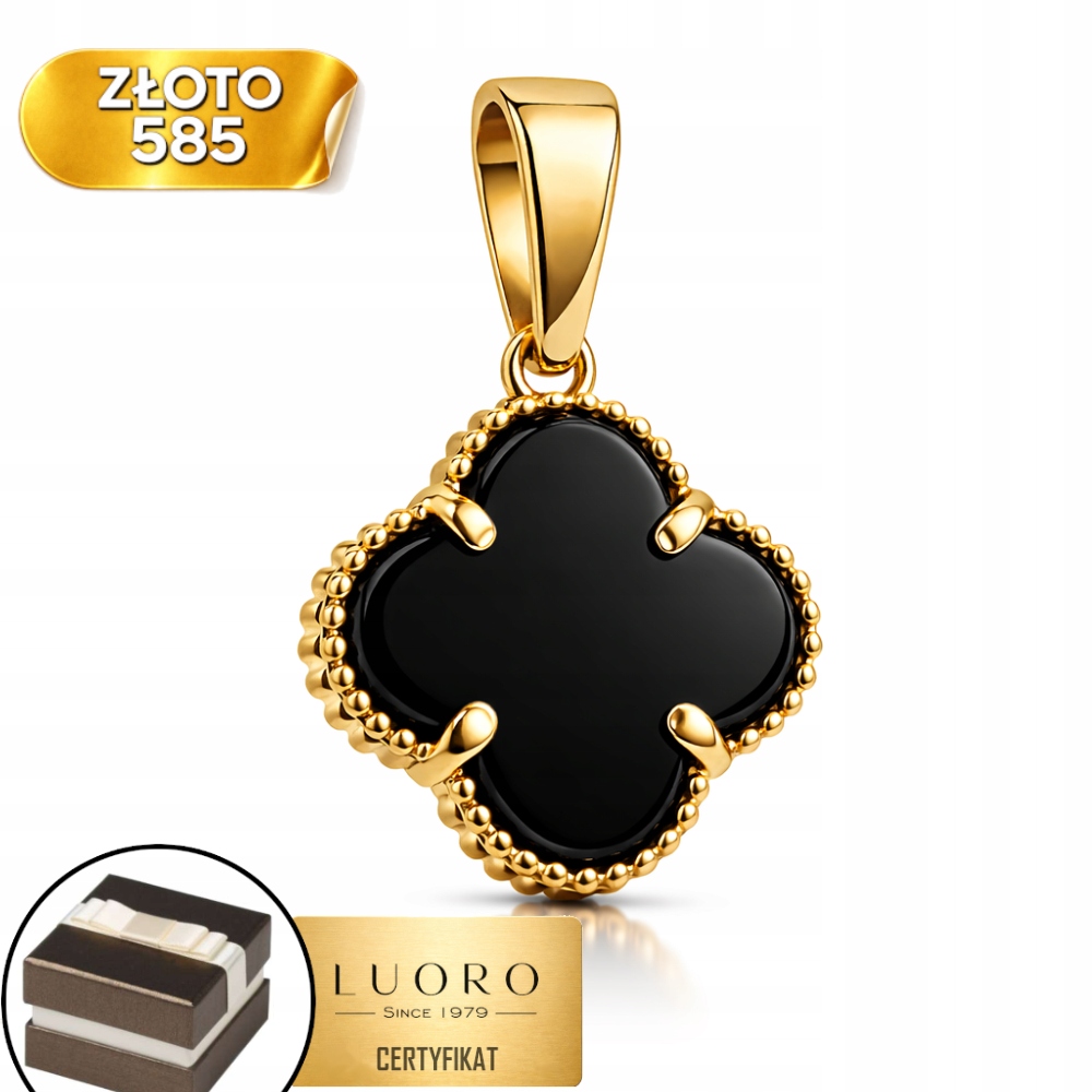 Zlatý Přívěsek 585 14K Čtyřlístek S Onyxem 9 MM Elegantní 17 MM
