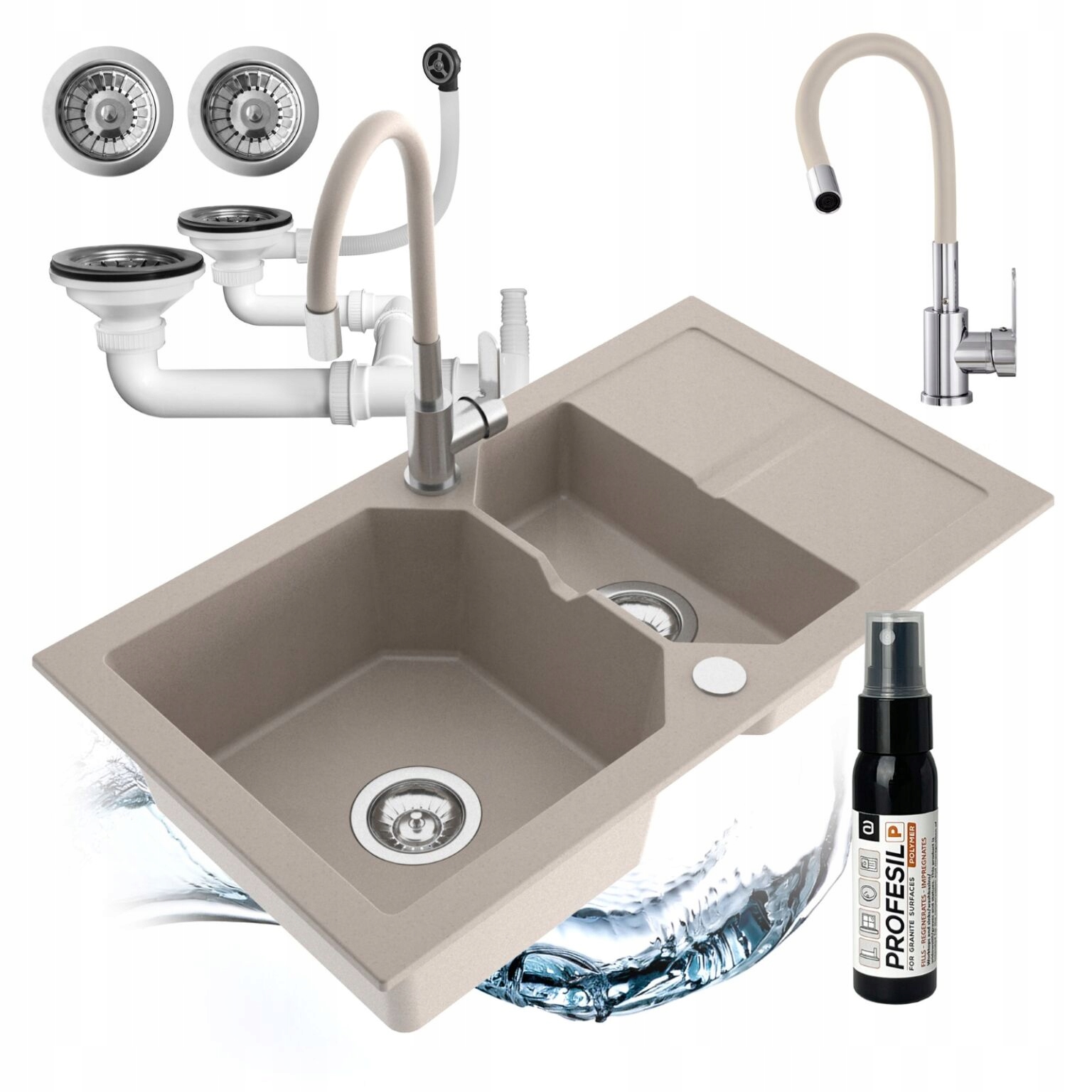 Polokomorový Kuchynský Drez Kenzo, Granitový Sifón, Flexibilná Batéria