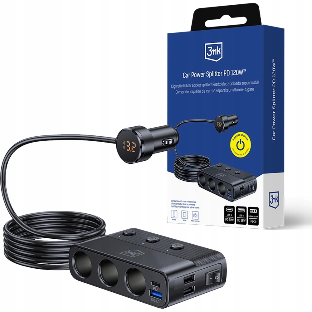 Nabíječka automobilová rozbočovač 3mk 120W Usb-c Usb-a 3x 12-24V, Pd Qc Pps