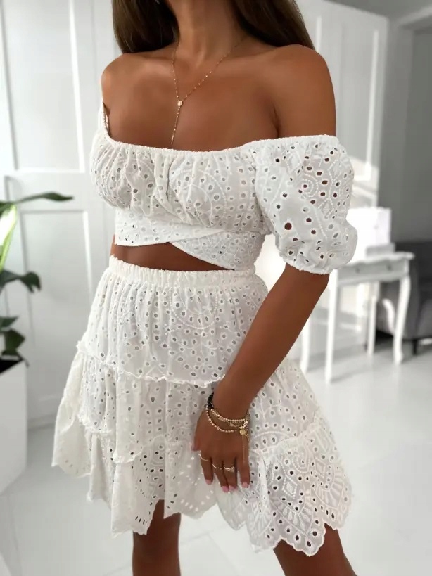 Komplet Top Zavazovací Sukně Boho Ažurová Bílá