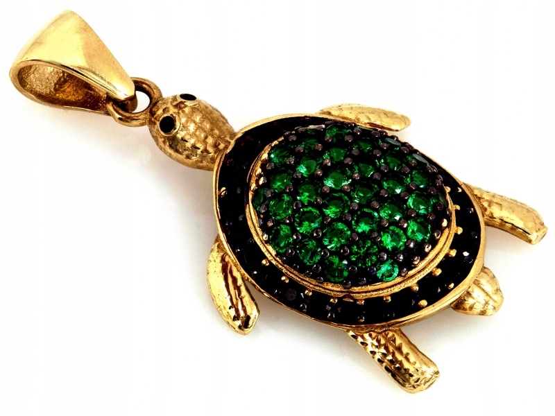Zlatý 585 14kt přívěsek želva se zelenými zirkony 2.14g na řetízek