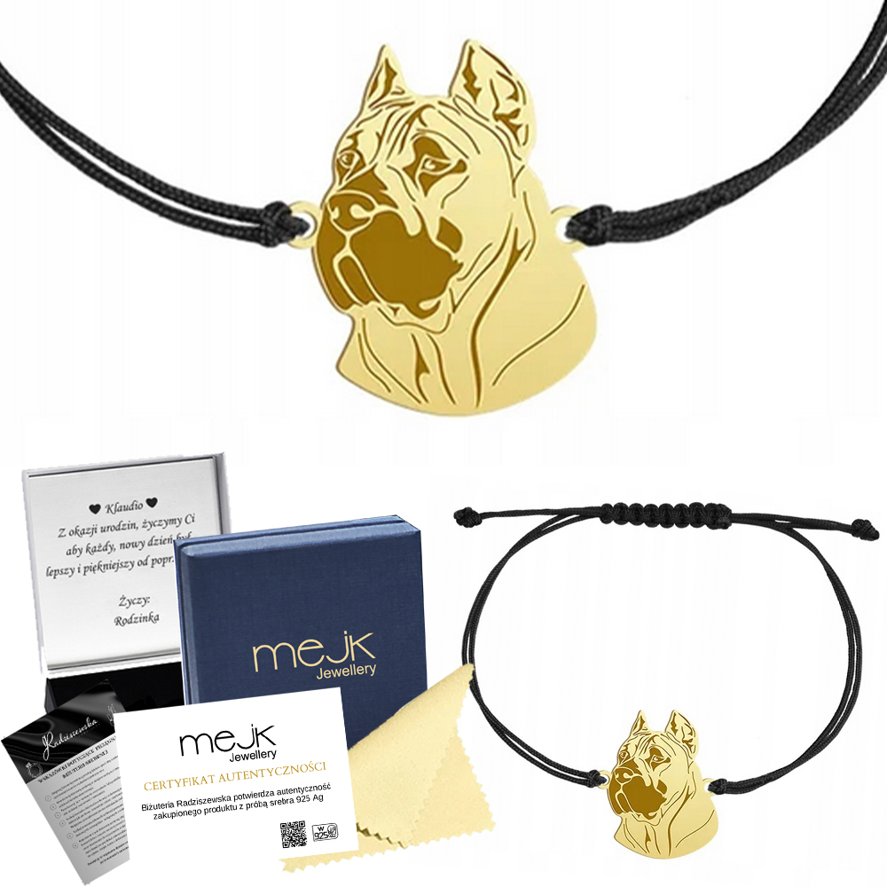 Zlatý náramek s psem Perro De Presa De Canario 925, šňůrka Gravírování