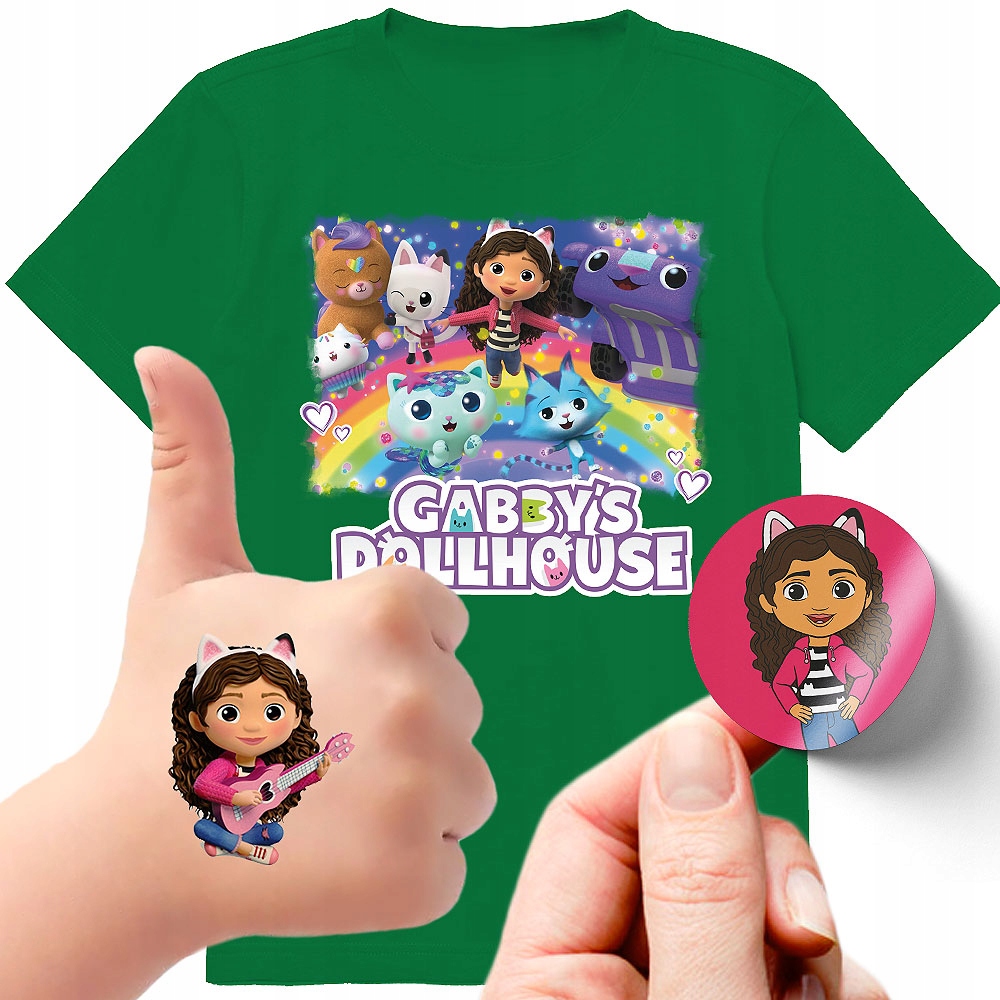 ZESTAW 3W1 KOSZULKA DLA DZIECI TATUAŻE NAKLEJKI KOCI DOMEK GABI 104 JAKOŚĆ