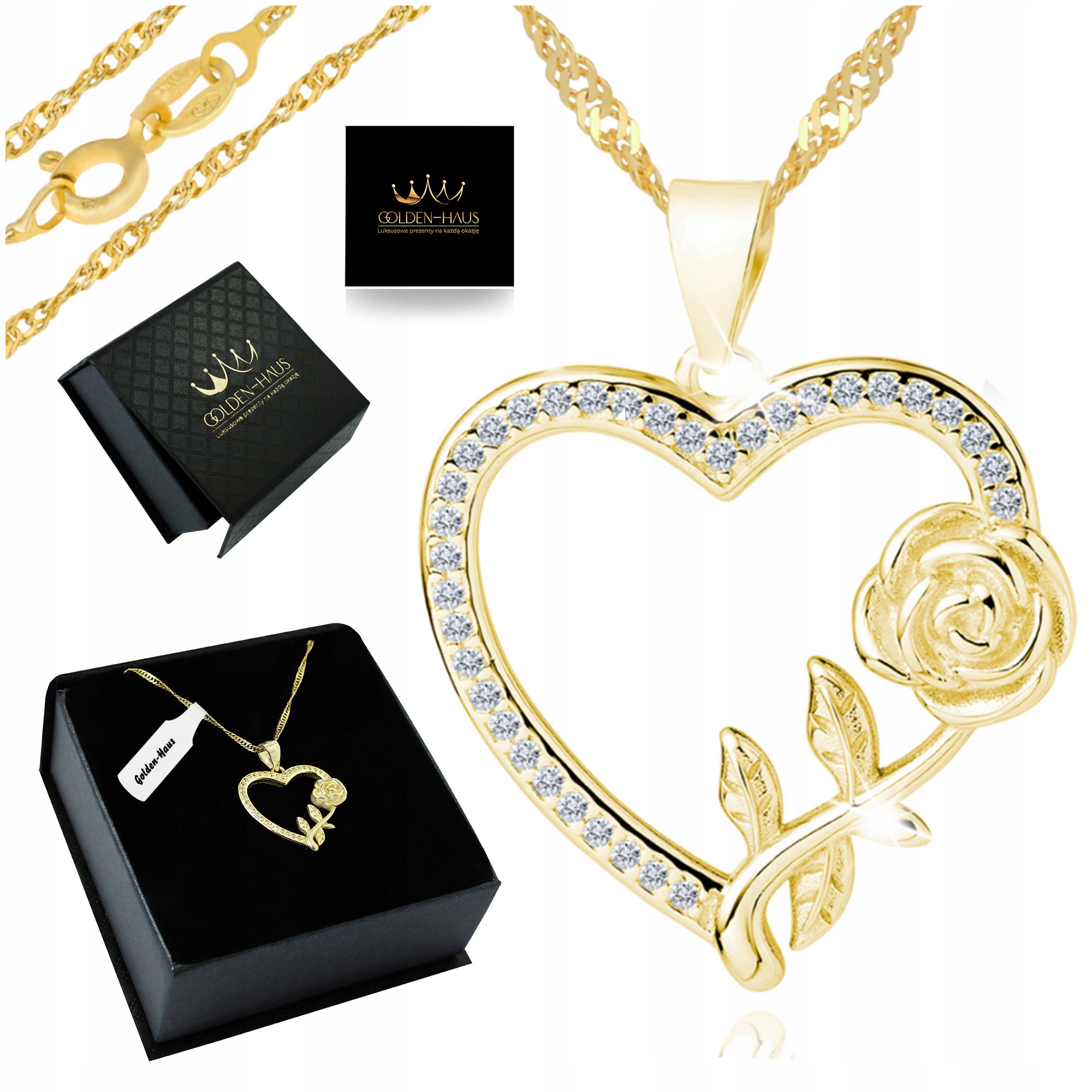 Elegantní Zlatý Náhrdelník Se Srdcemi, Růží A Zirkony, Stříbro Dárek 925, 14K