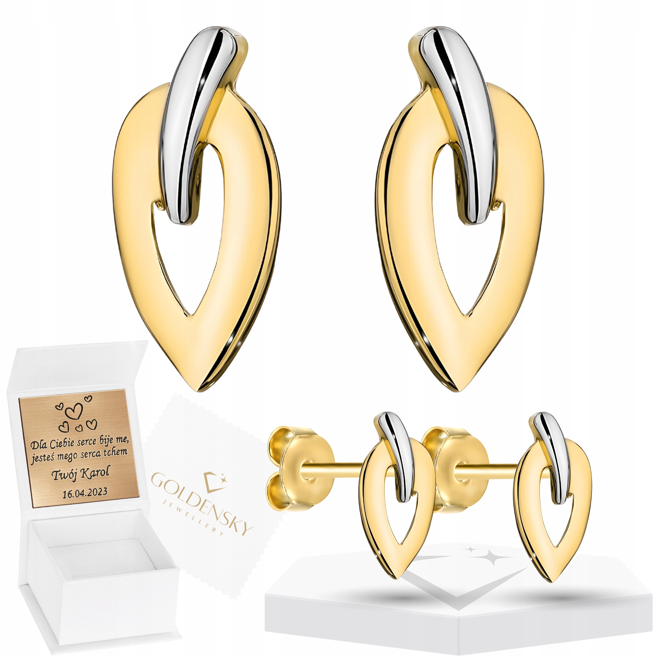 Złote kolczyki 585 Listki W Dwóch Kolorach Grawer