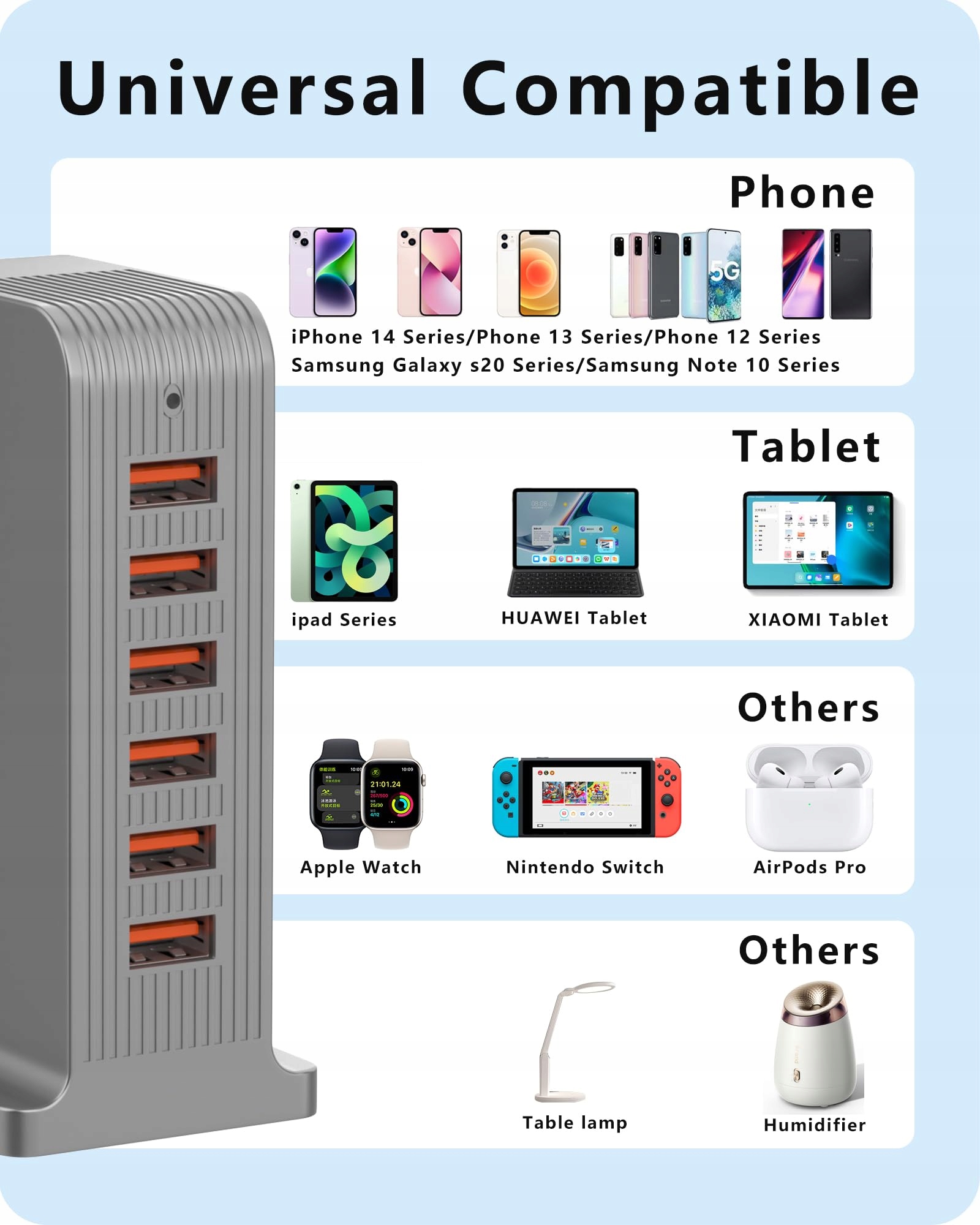 POANES Ładowarka USB 50W 6 Portów Stacja Dla iPhone Android Huawei HTC LG — miniatura 4