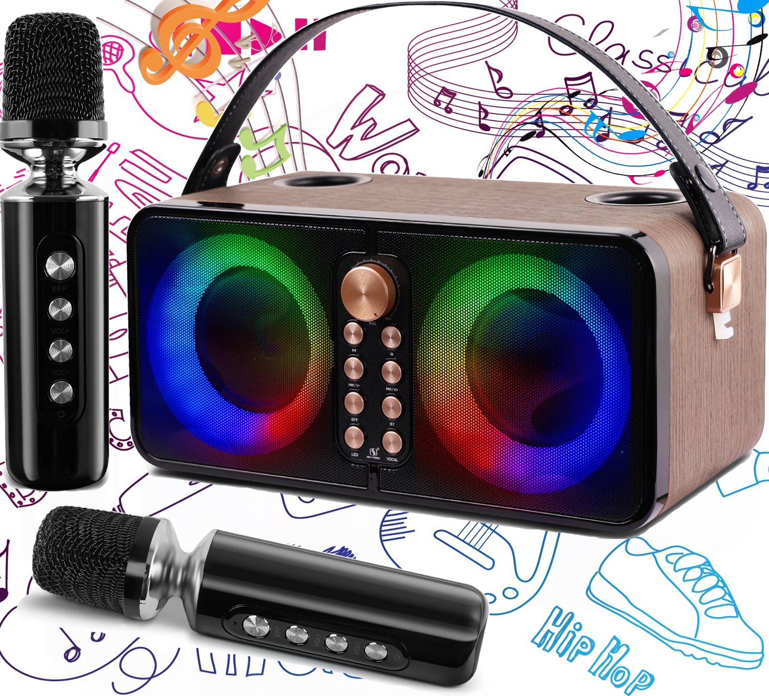 MASZYNA GŁOŚNIK KARAOKE Z 2 MIKROFONY BEZPRZEWODOWE BLUETOOTH KOLOROWA LED