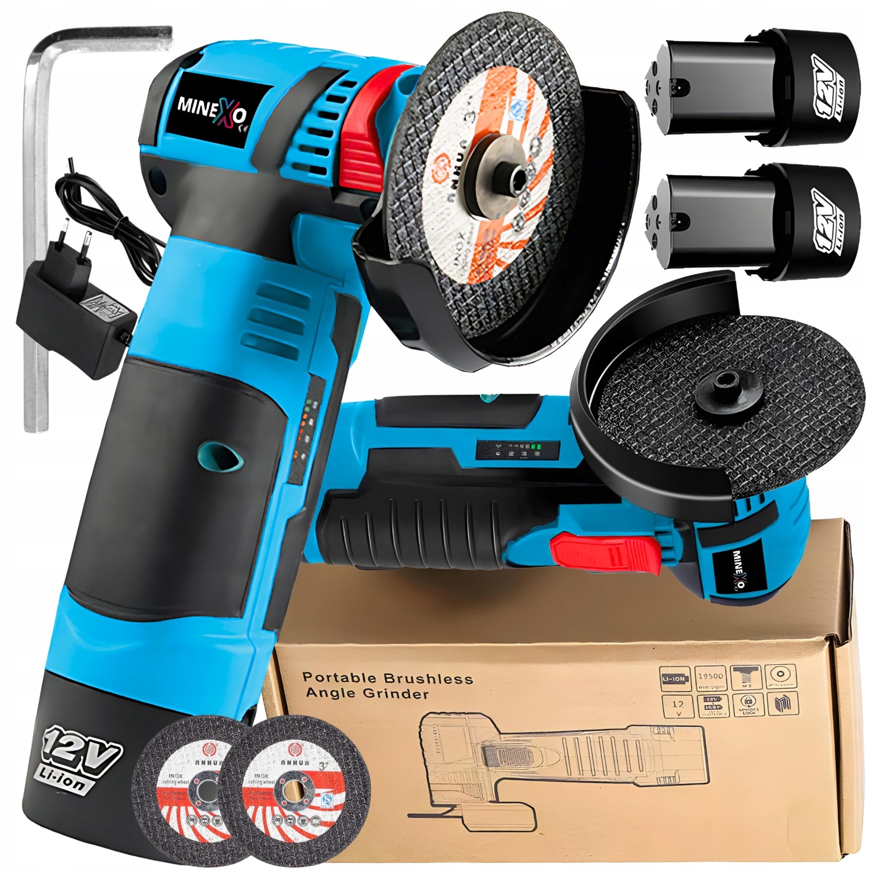 Úhlová Bruska Mini lehká 12V 19500 ot/min 2 x Aku 2 x kotouč řezný 76mm