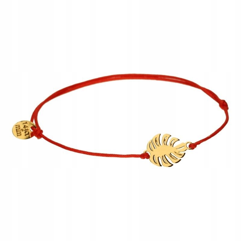 Zlatý náramek 585 s nastavitelnou provázkovou červenou barvou a přívěskem s listy