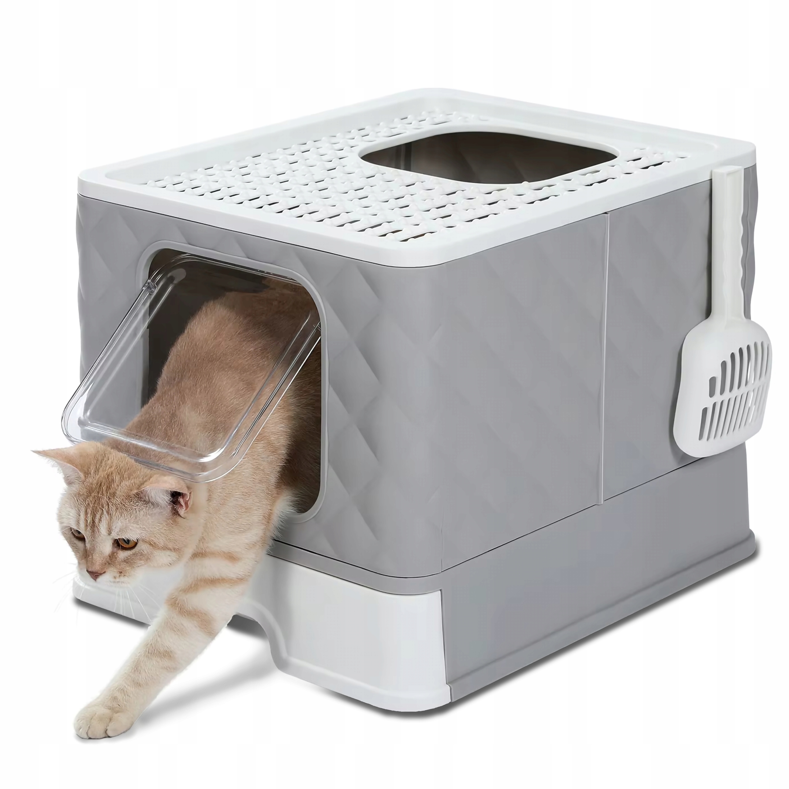 Levně Velká Uzavřená Šedá Toaleta Pro Kočky S Výsuvnou Zásuvkou A Lopatkou Globani