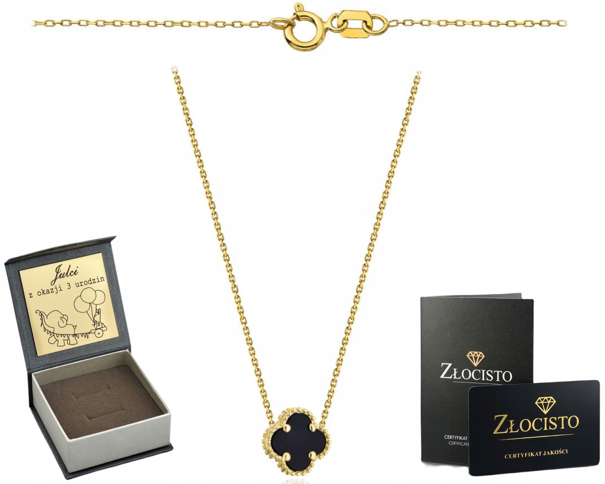 Zlatý Náhrdelník S Černým Čtyřlístek 45 CM, Dárek 585, Gravírování
