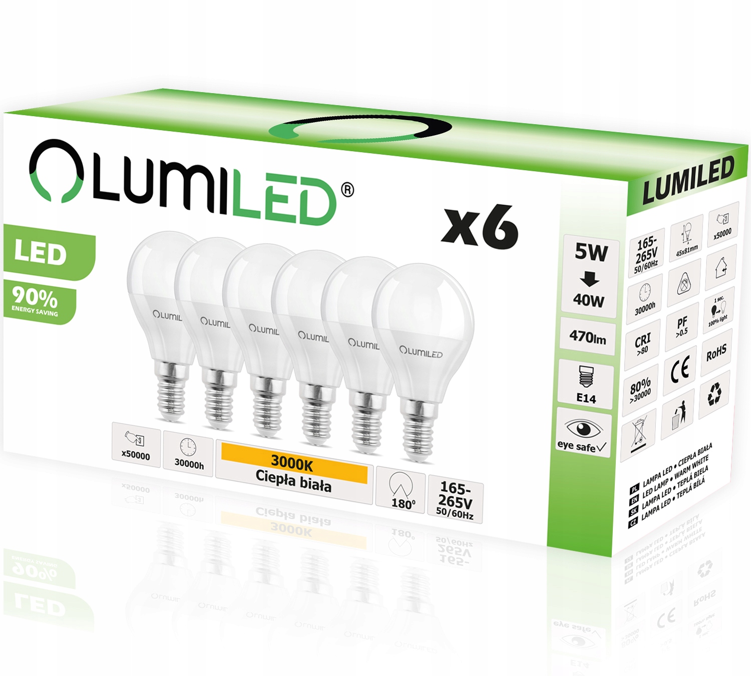 

6x Żarówka Led E14 Kulka 5W 470lm 3000K Lumiled