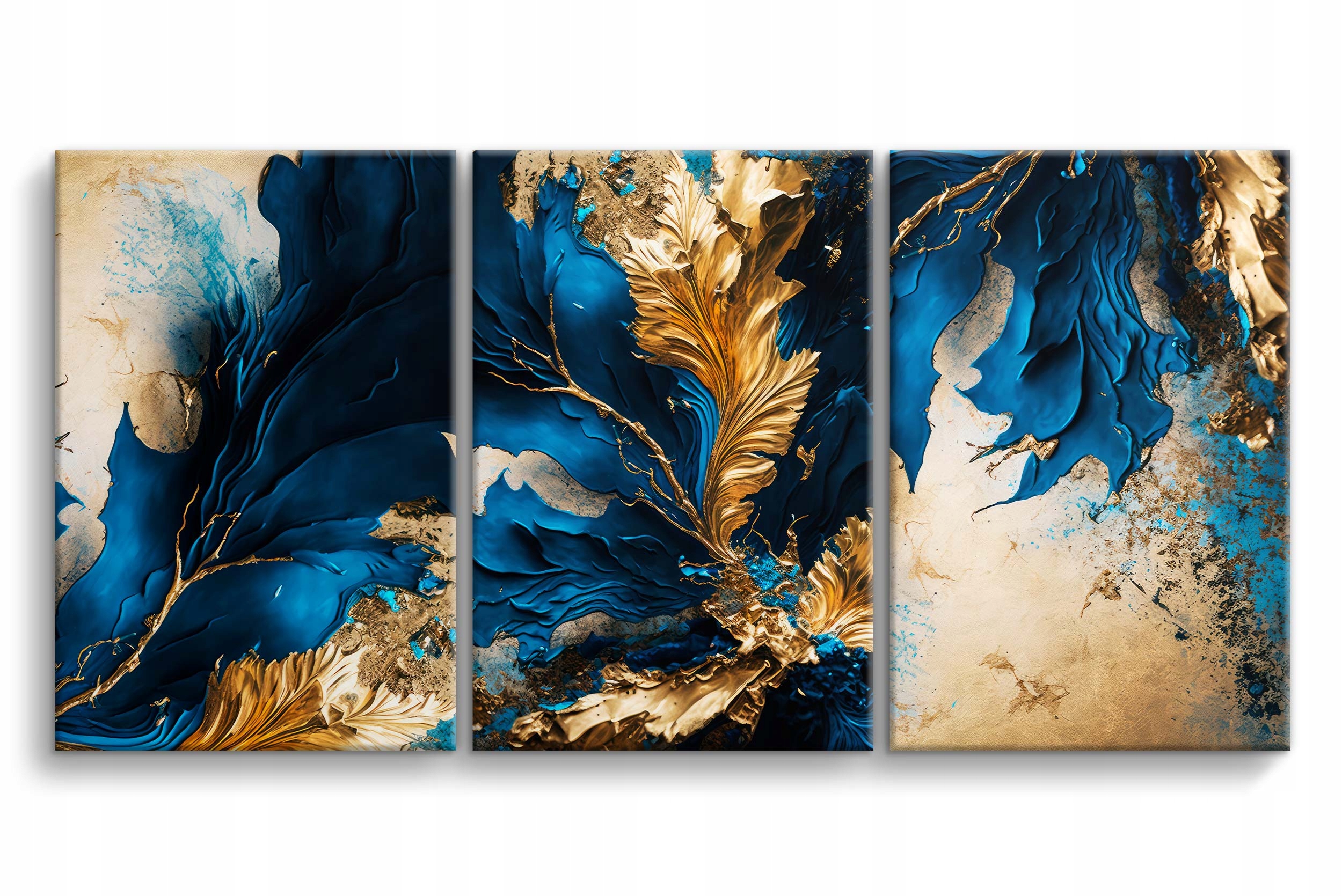 Abstrakcyjny obraz na płótnie do sypialni Kobaltowe i Złote liście 60x120