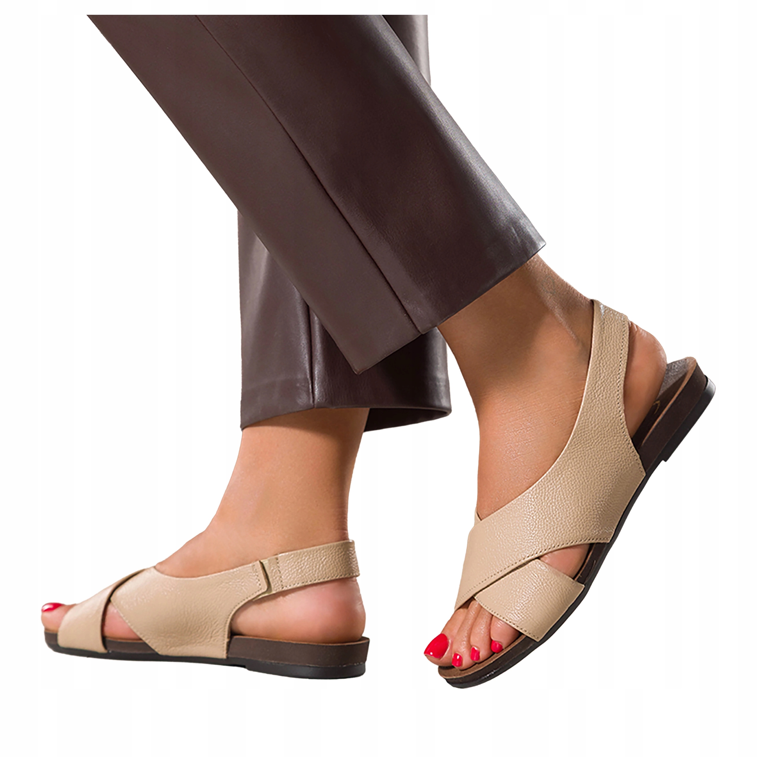 Béžové dámské Sandály Pohodlné s gumou Pásky na kříž Ploché Kožené vel. 38