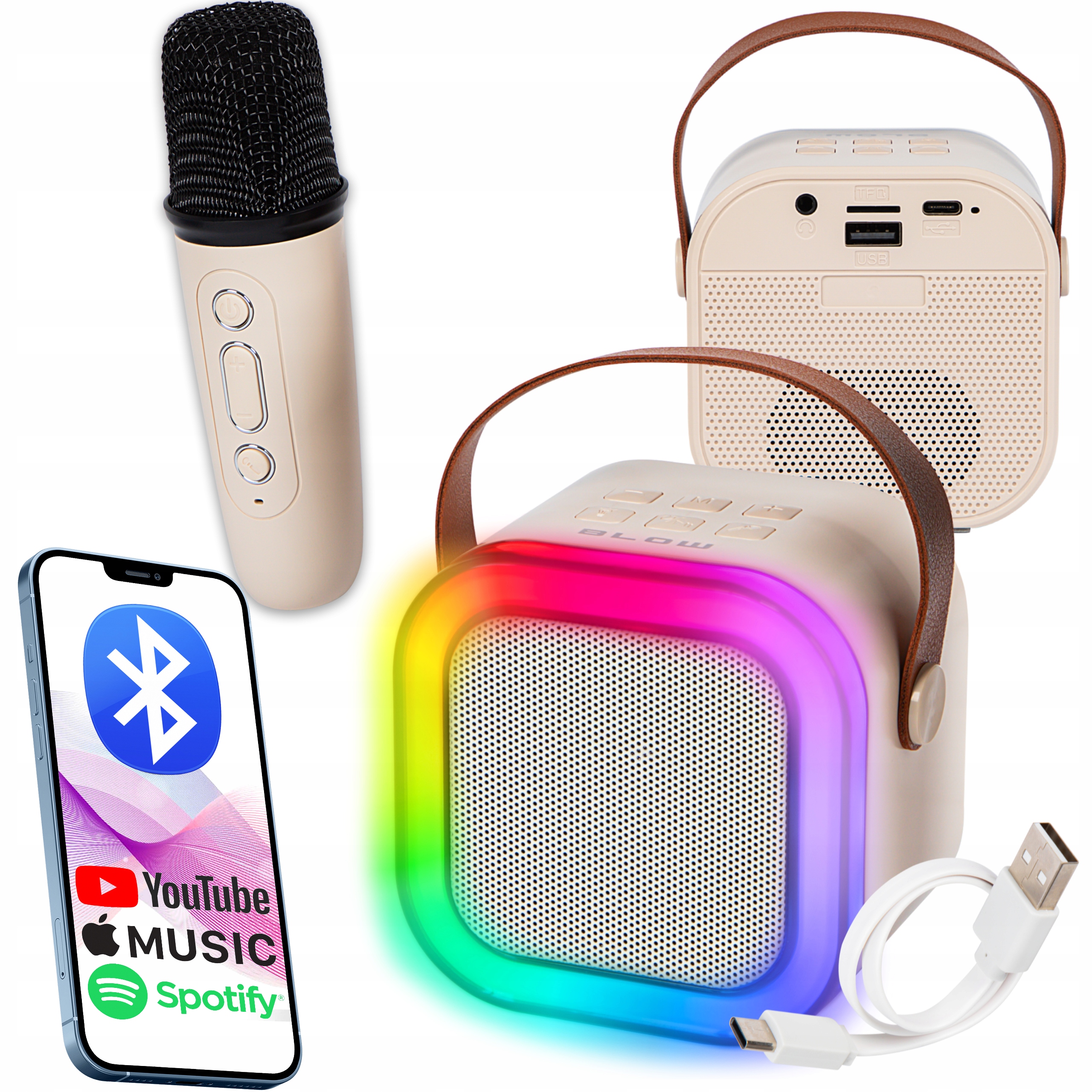 GŁOŚNIK BLUETOOTH PRZENOŚNY KARAOKE RGB MIKROFON USB SD MINI JACK