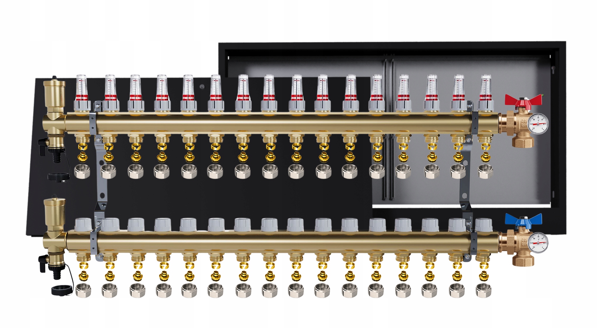 Rozdělovač Pro Podlahovou Krytinu 16 Okruhů Ventily Teploměr Skříňka Pex