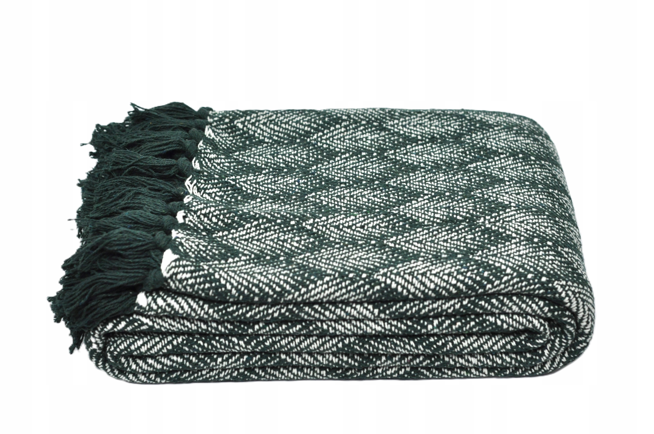 Koc pled Pola bawełna 150x200 cm butelkowa zieleń biały boho frędzle