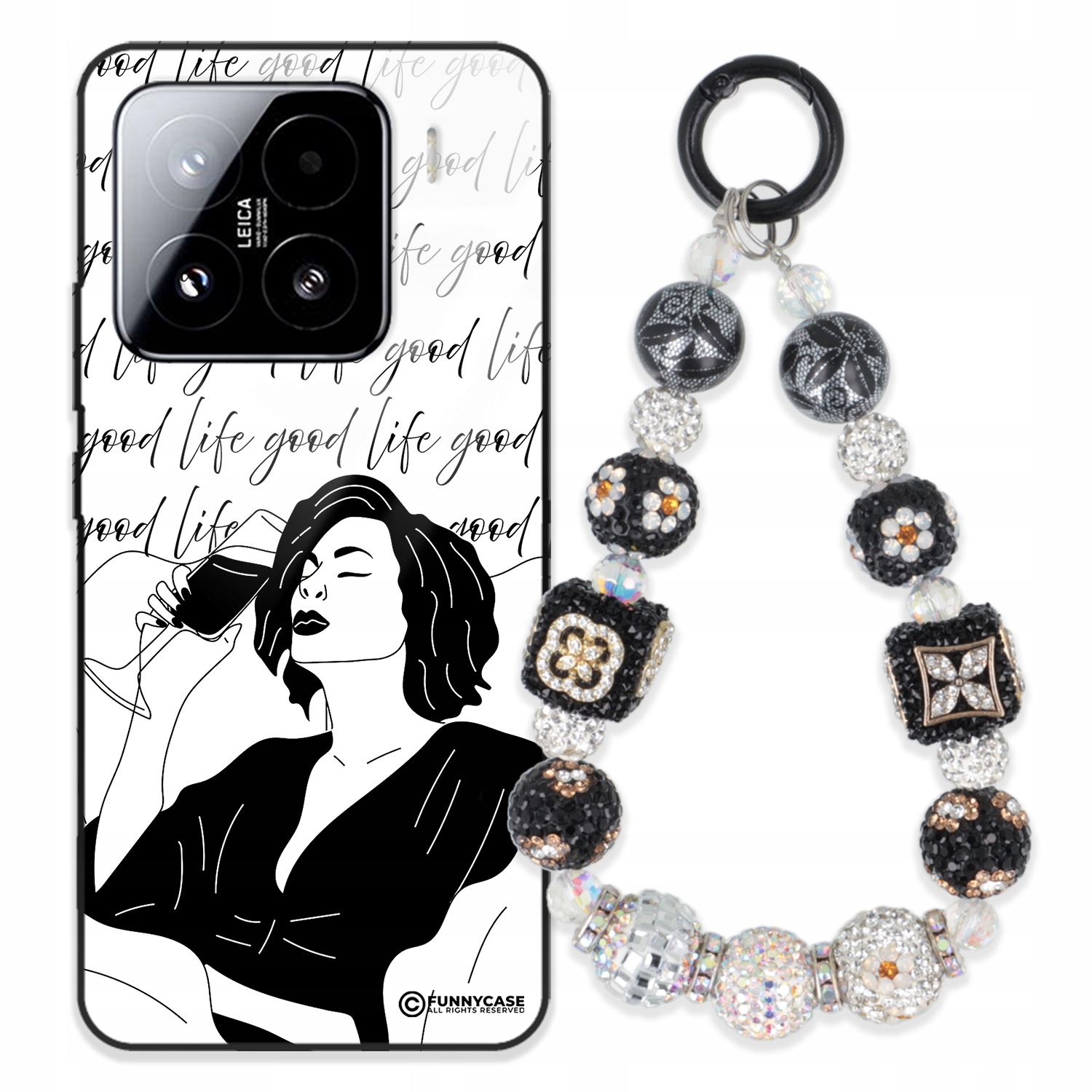 Puzdro Pre Xiaomi 15 Pro 5G Glass Art Čiernobiela Kľúčenka, Strieborné Zirkóny