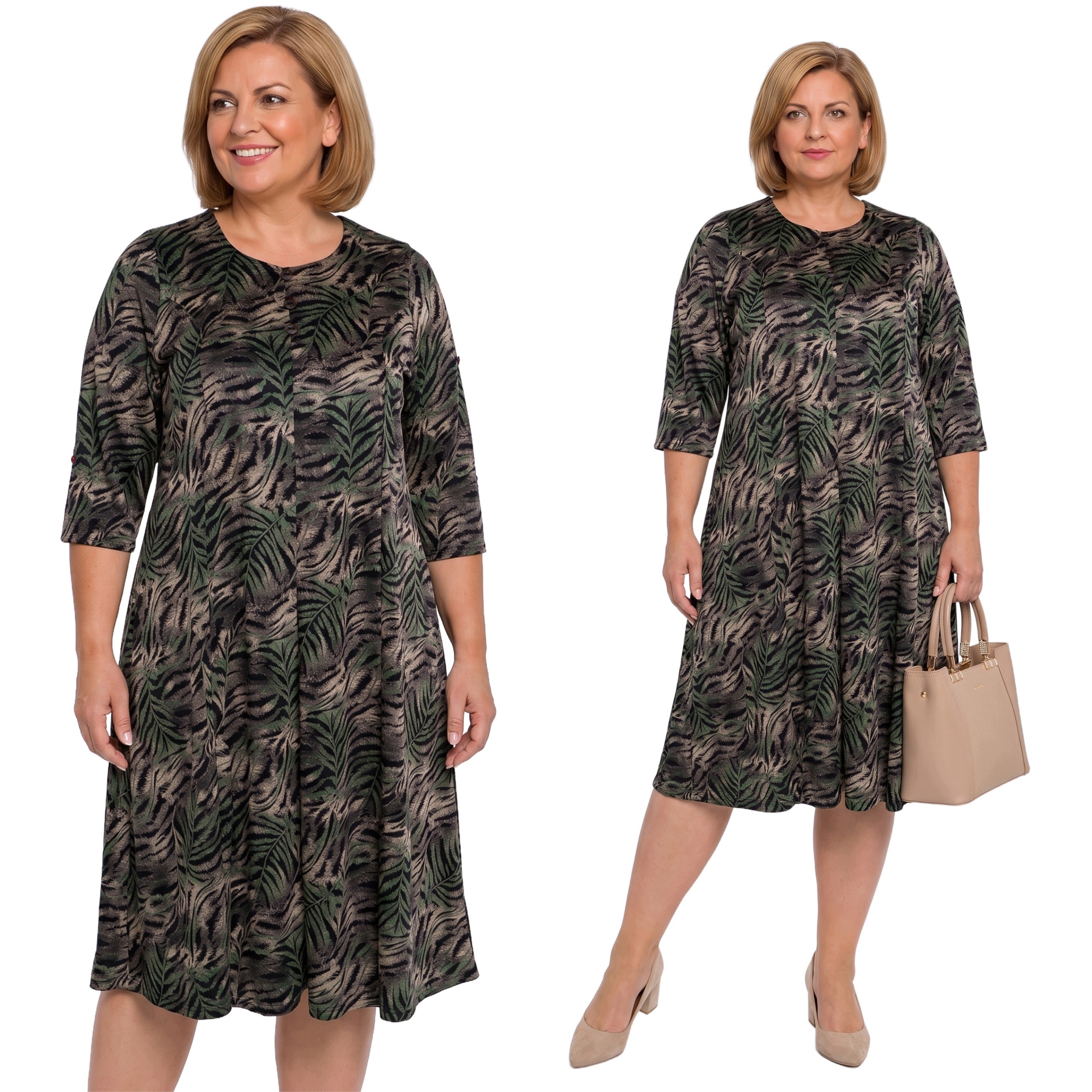 Černá šaty s zeleno-béžovými listy plus size velikost 60/62