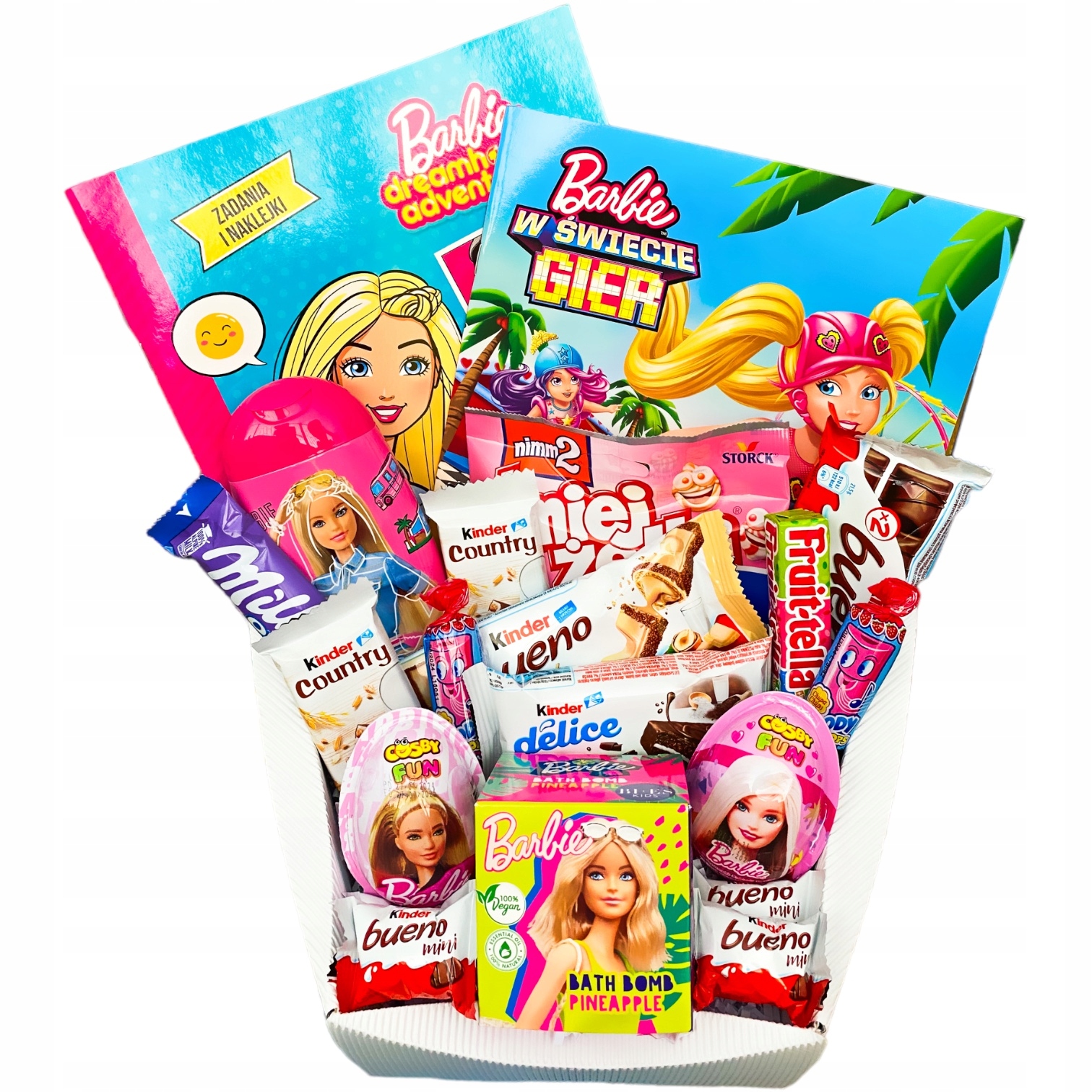 Kosz prezentowy słodycze Kinder na Dzień Dziecka Urodziny Barbie