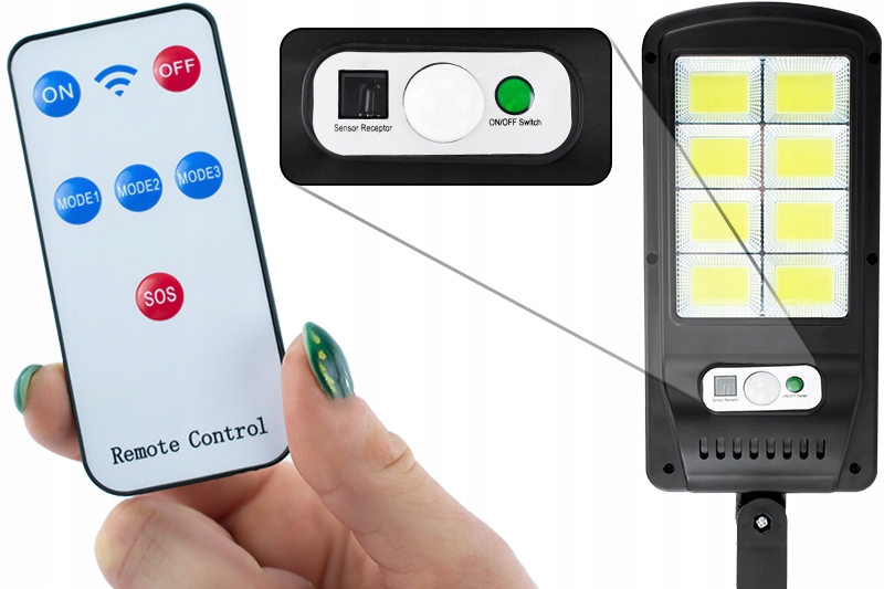 OŚWIETLENIE ZEWNĘTRZNE OGRODOWE MOCNA LAMPA SOLARNA LED ULICZNA COB PILOT Kształt kwadratowy